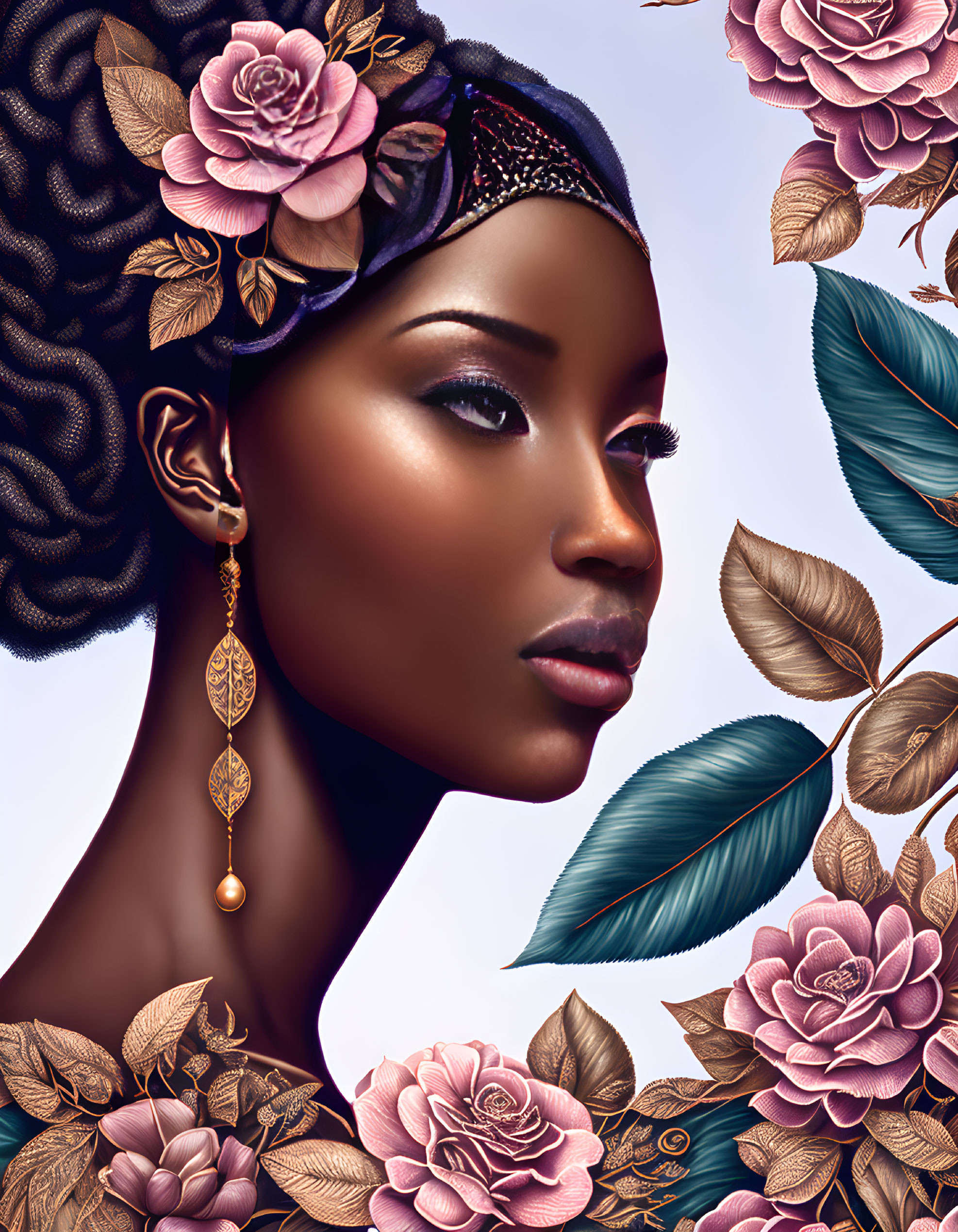 Illustrated portrait of woman with dark skin, headwrap, roses, gold earring, surrounded by