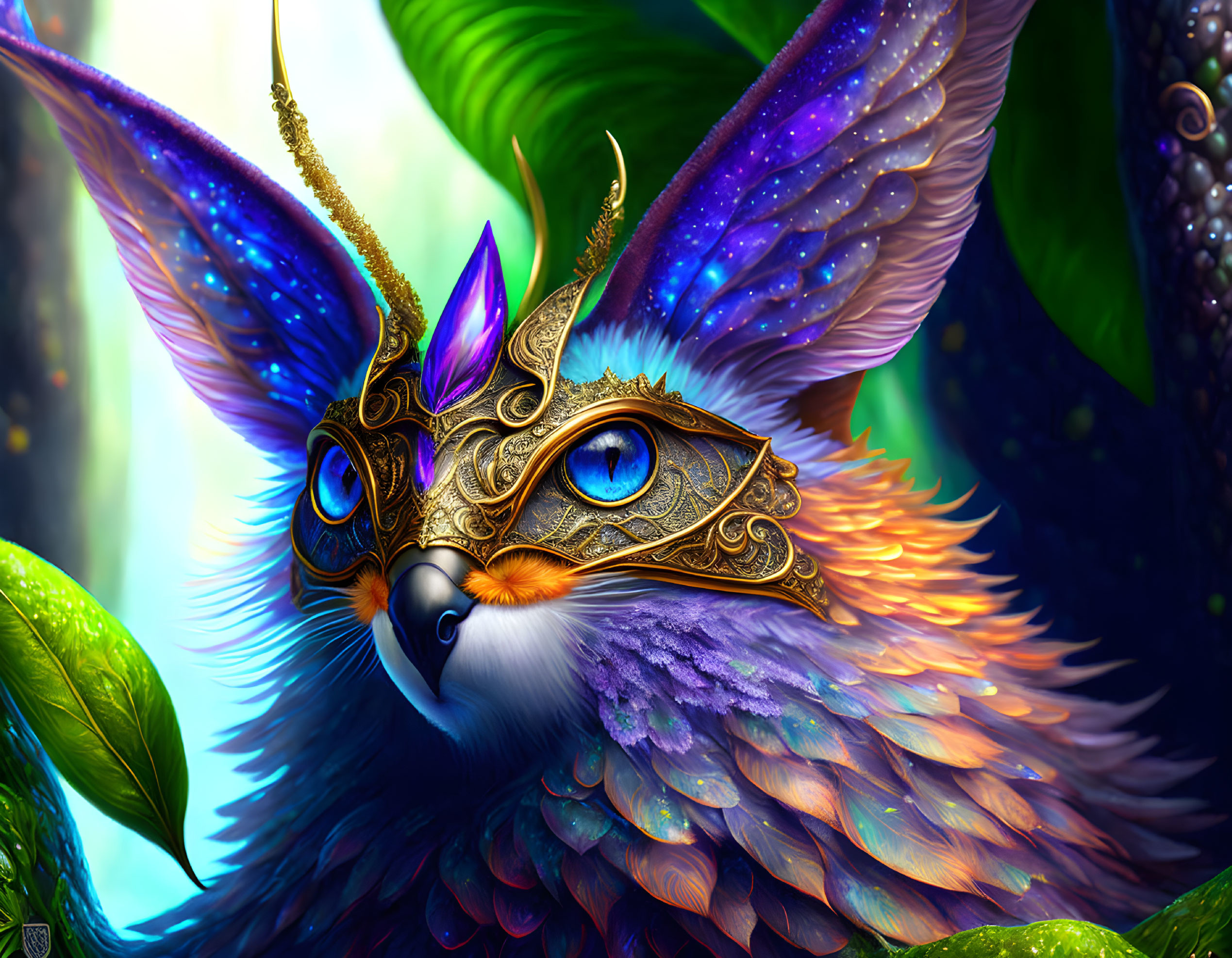 Colorful fantasy bird creature with mask in purple and blue on green background