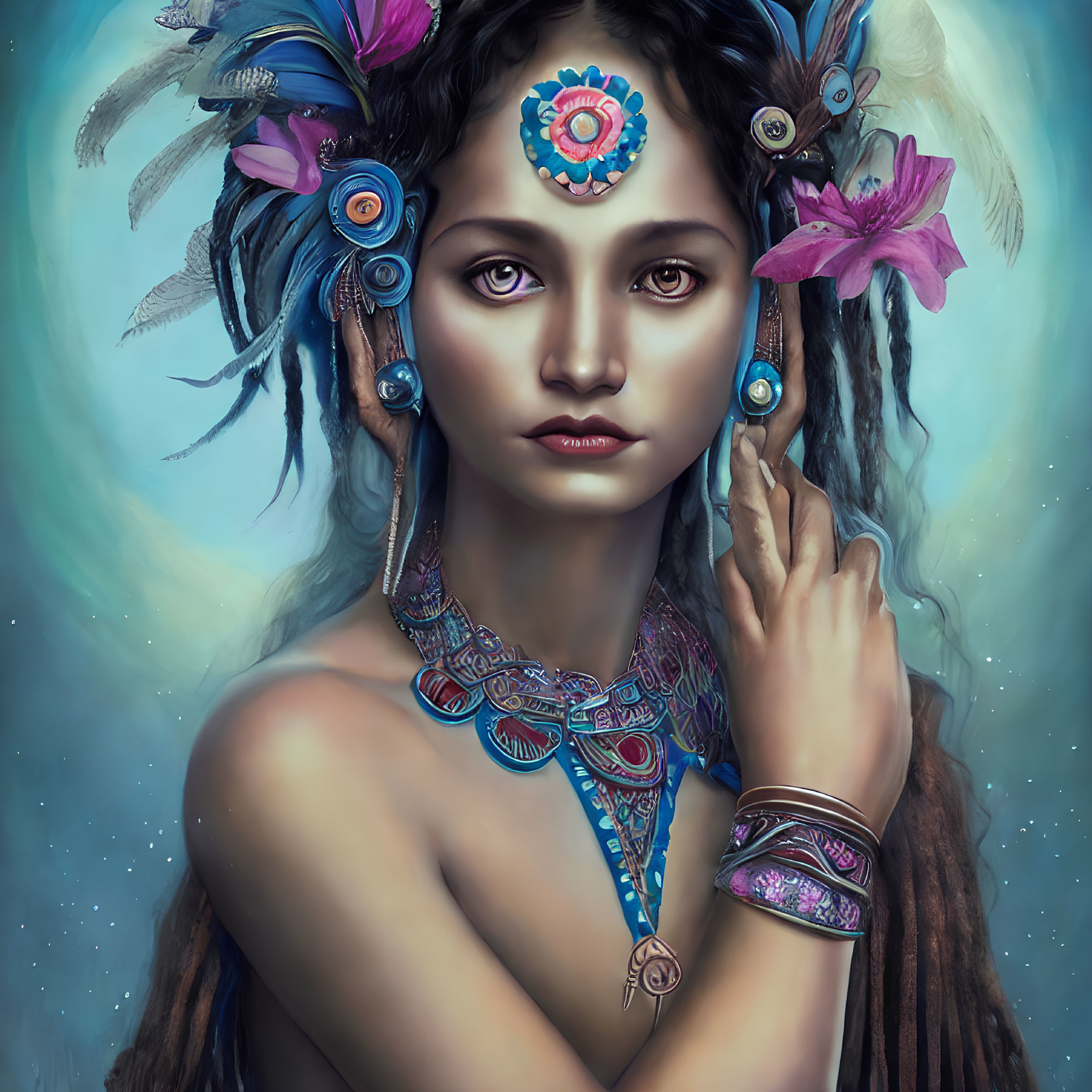 Portrait of Woman with Mystical Accessories and Celestial Background