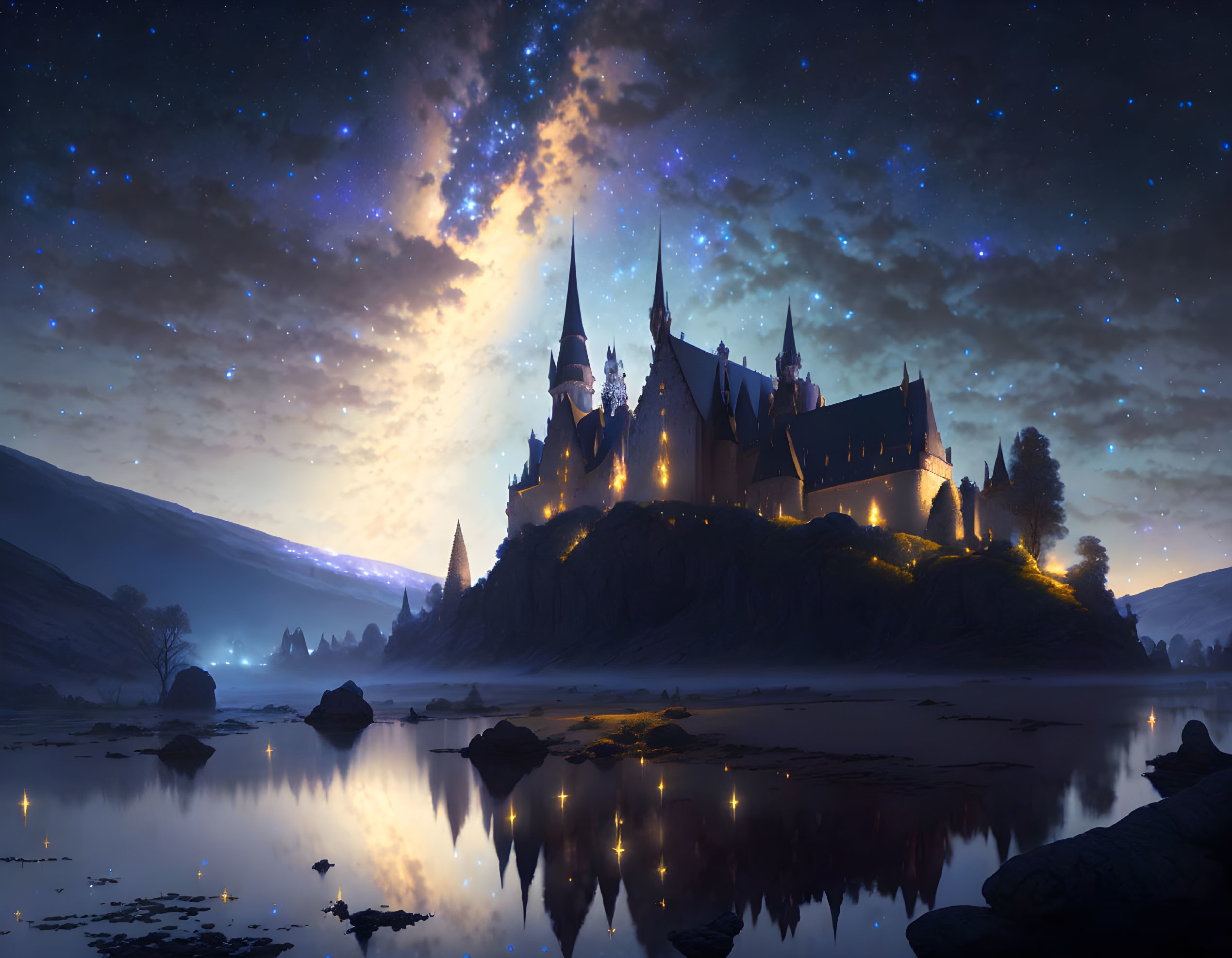  Gothic monastery, dark night,with stars 