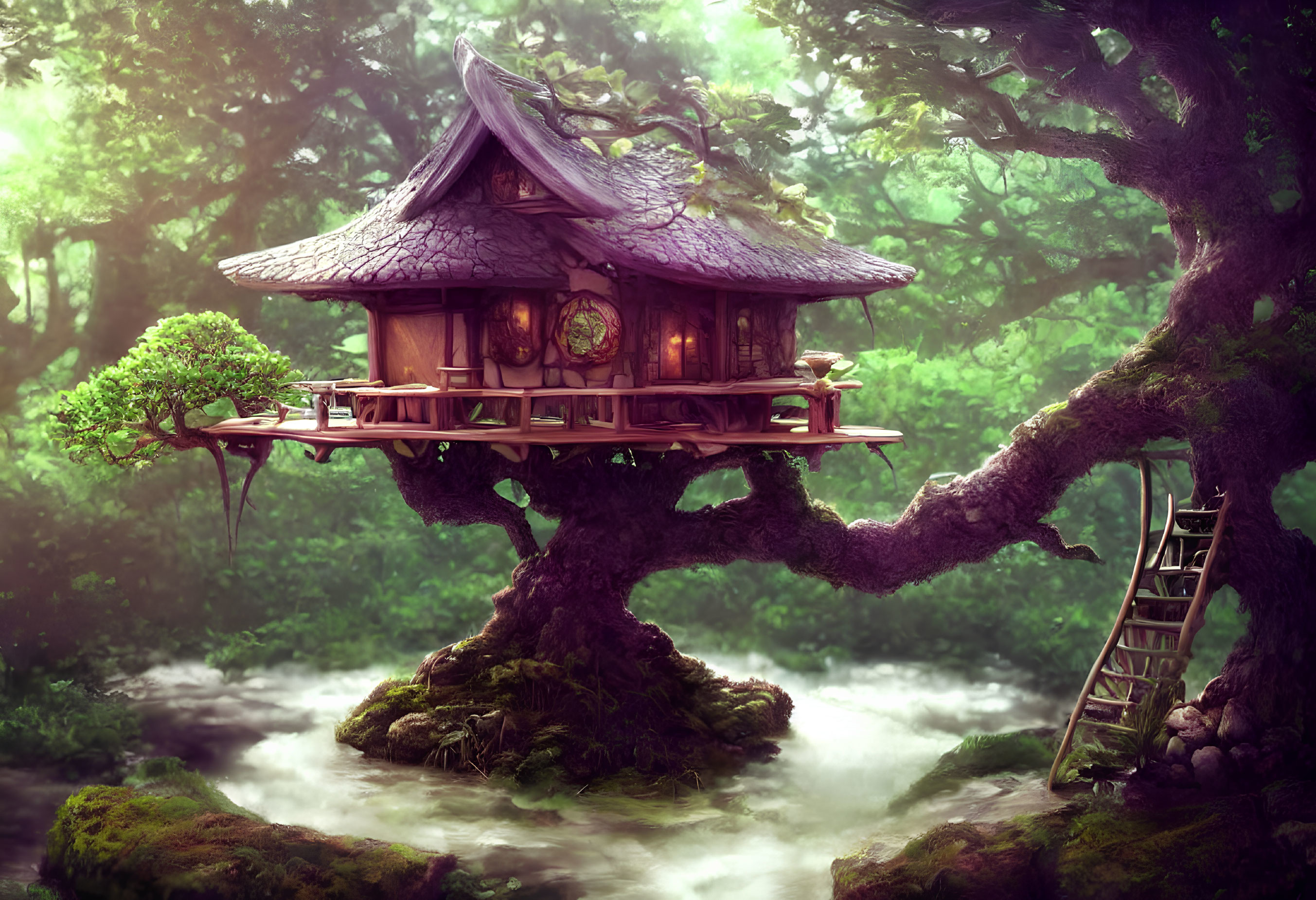 Whimsical treehouse with purple roof in misty forest landscape