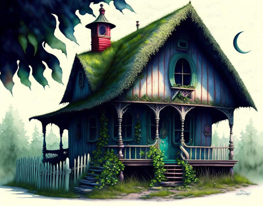 Whimsical cottage with green roof and crescent moon on night sky