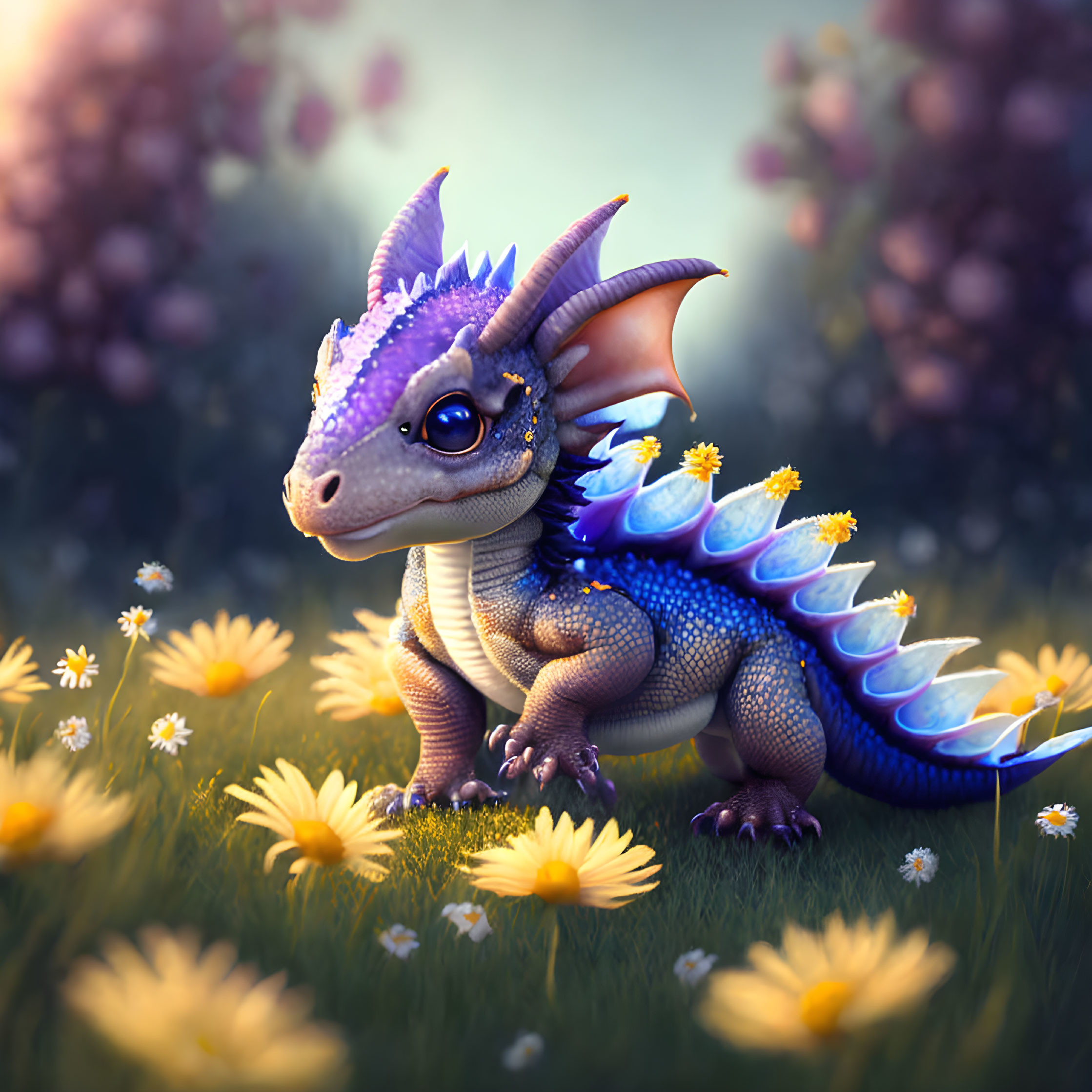 Colorful Dragon Among Daisies in Fairytale Scene