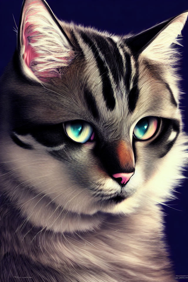 Detailed digital artwork: Cat with blue-green eyes, gray fur, pink ears on dark blue.