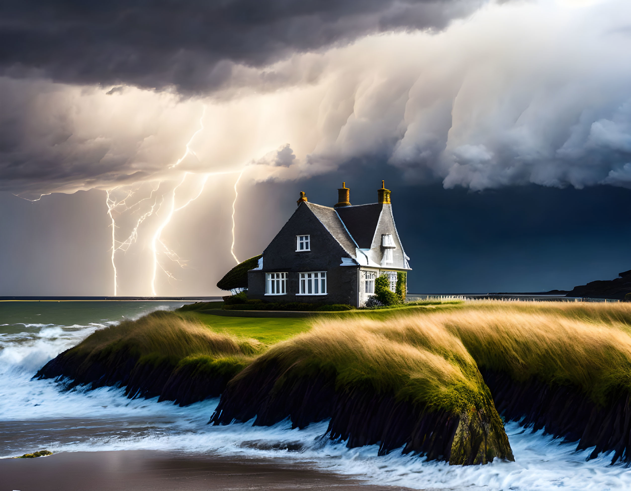 House on cliff struck by lightning in stormy sky above turbulent sea