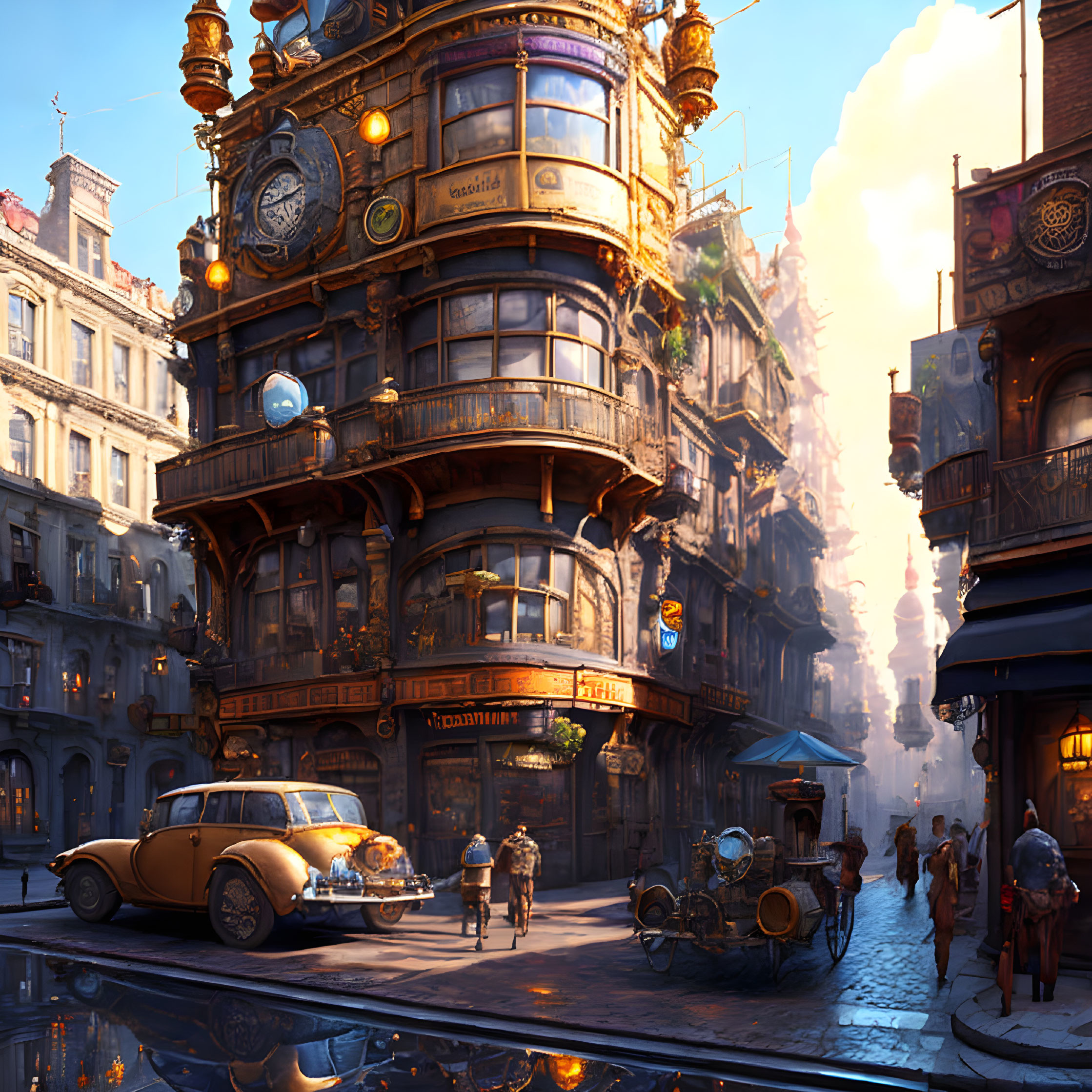 Steampunk-style architecture with ornate details, classic car, and bustling city life on cobble