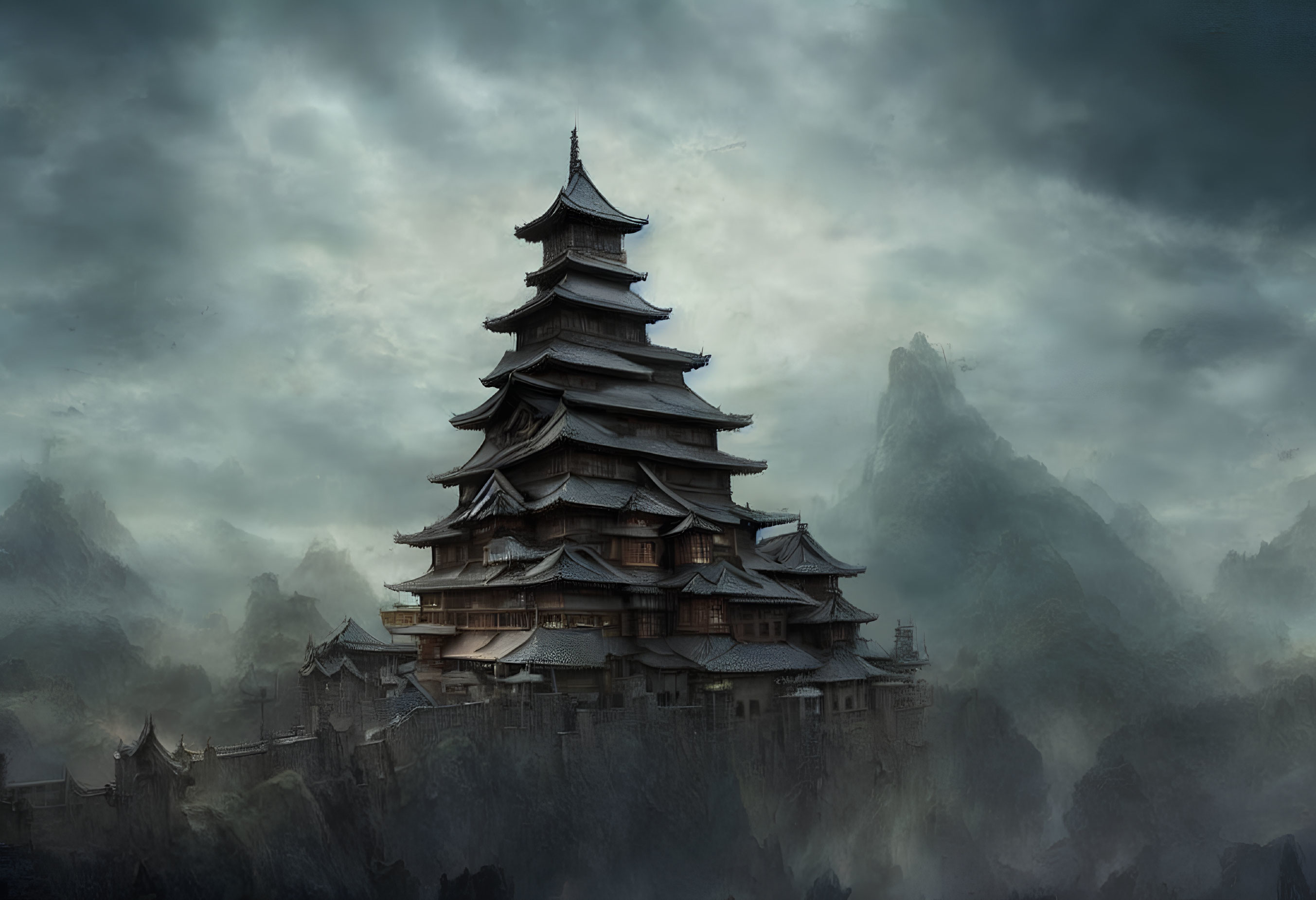 Ancient pagoda in misty mountains under dramatic sky