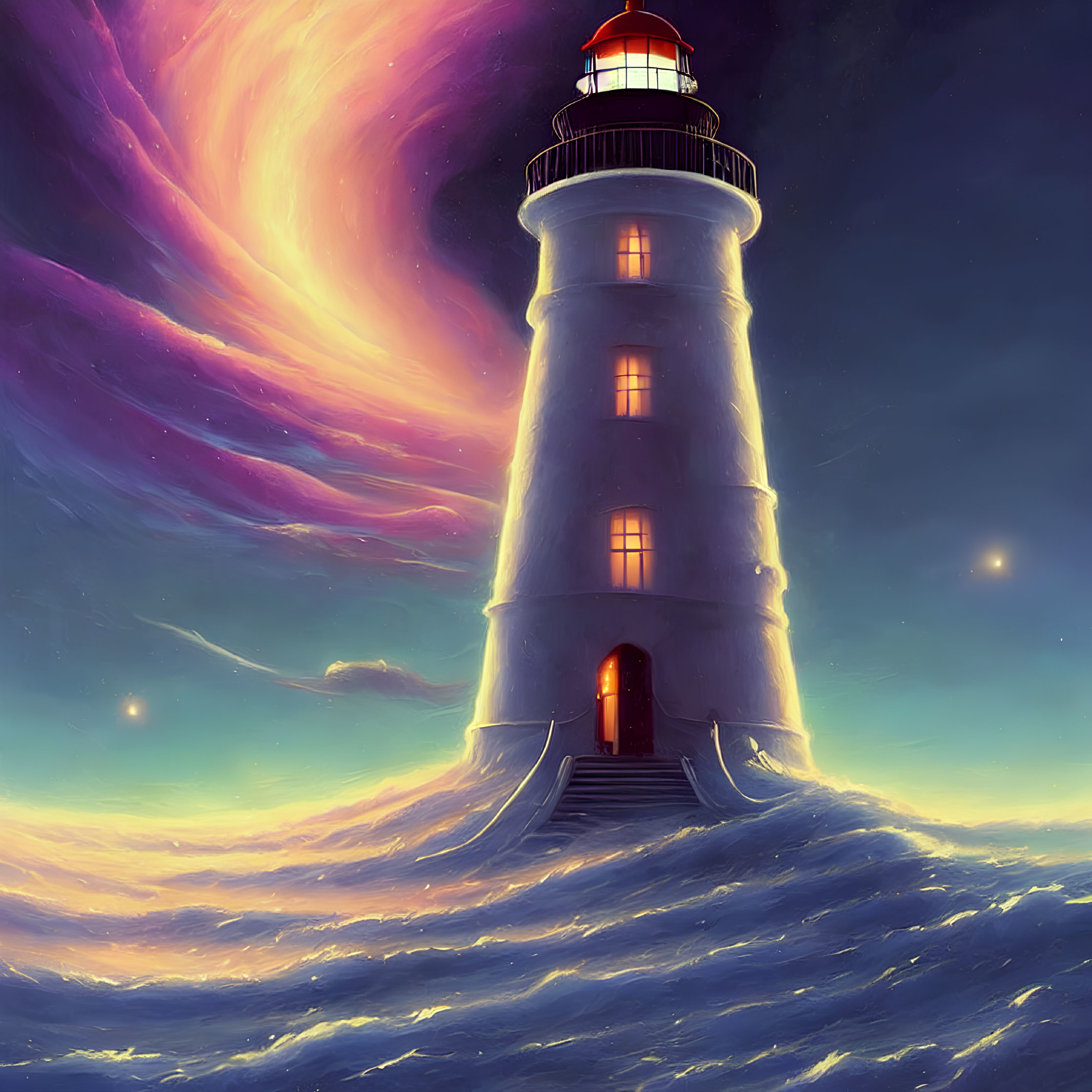 Illustrated lighthouse in twilight ocean scene with purple clouds and stars