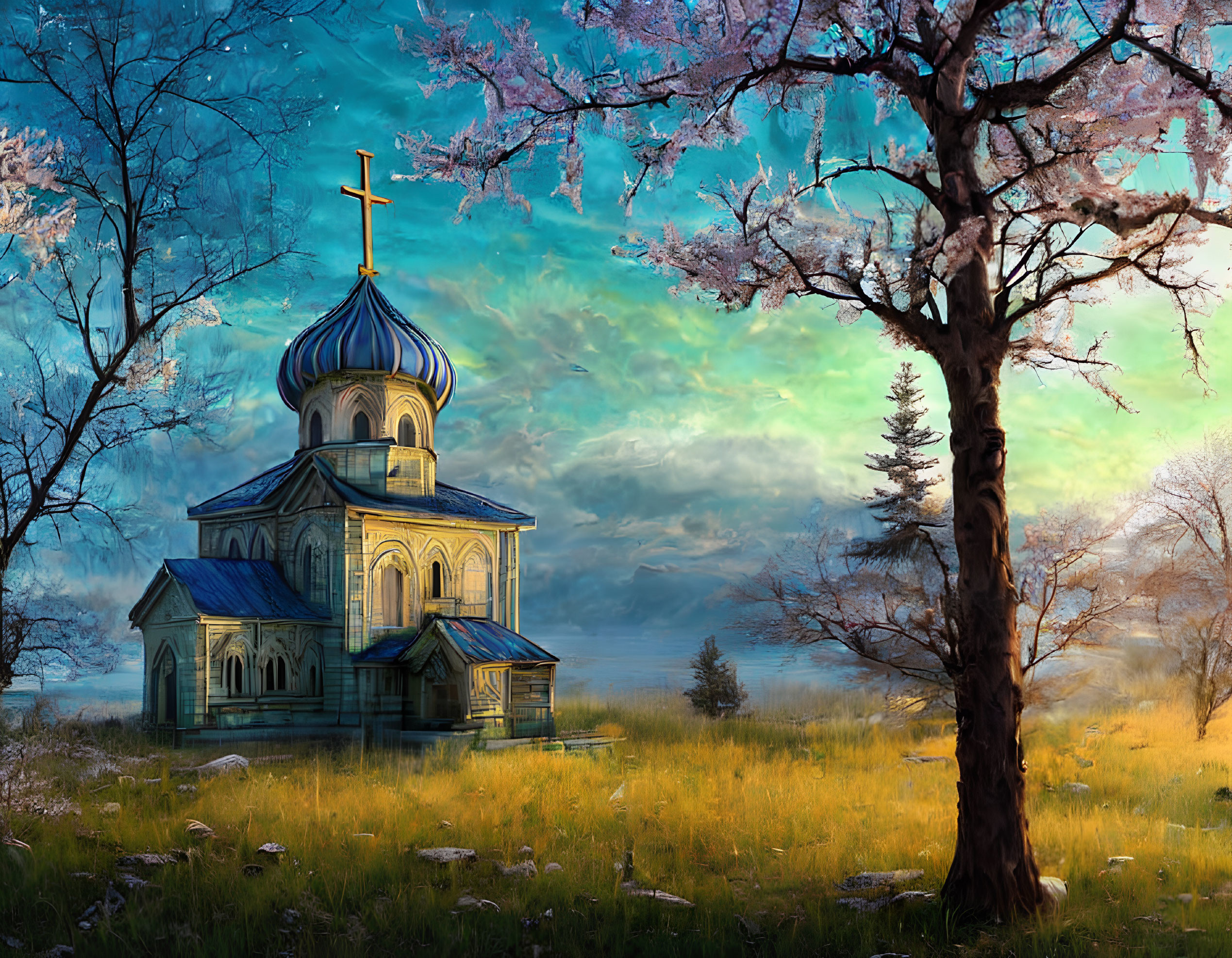 Traditional church surrounded by blooming cherry trees under vibrant sky