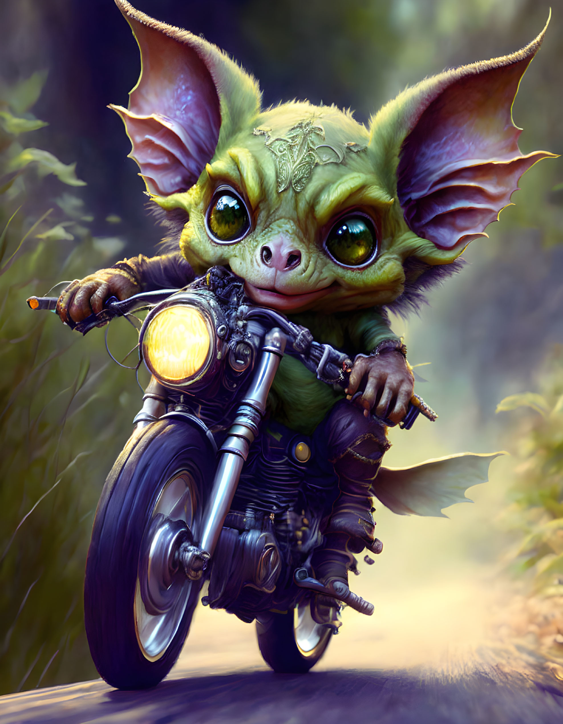 Goblin gremlin rides a motorcycle