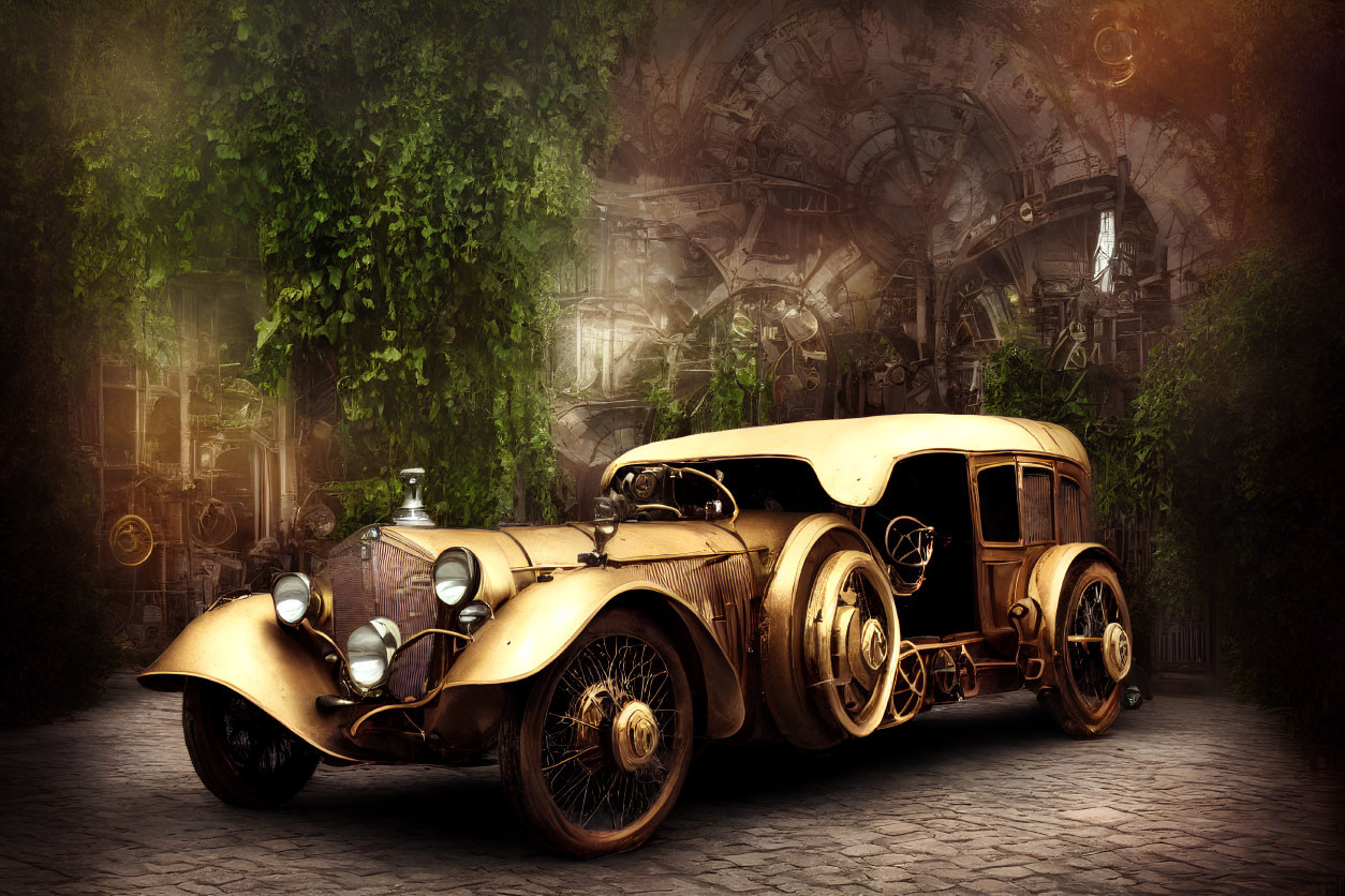 Vintage sepia-toned car in cobbled alleyway with steampunk backdrop