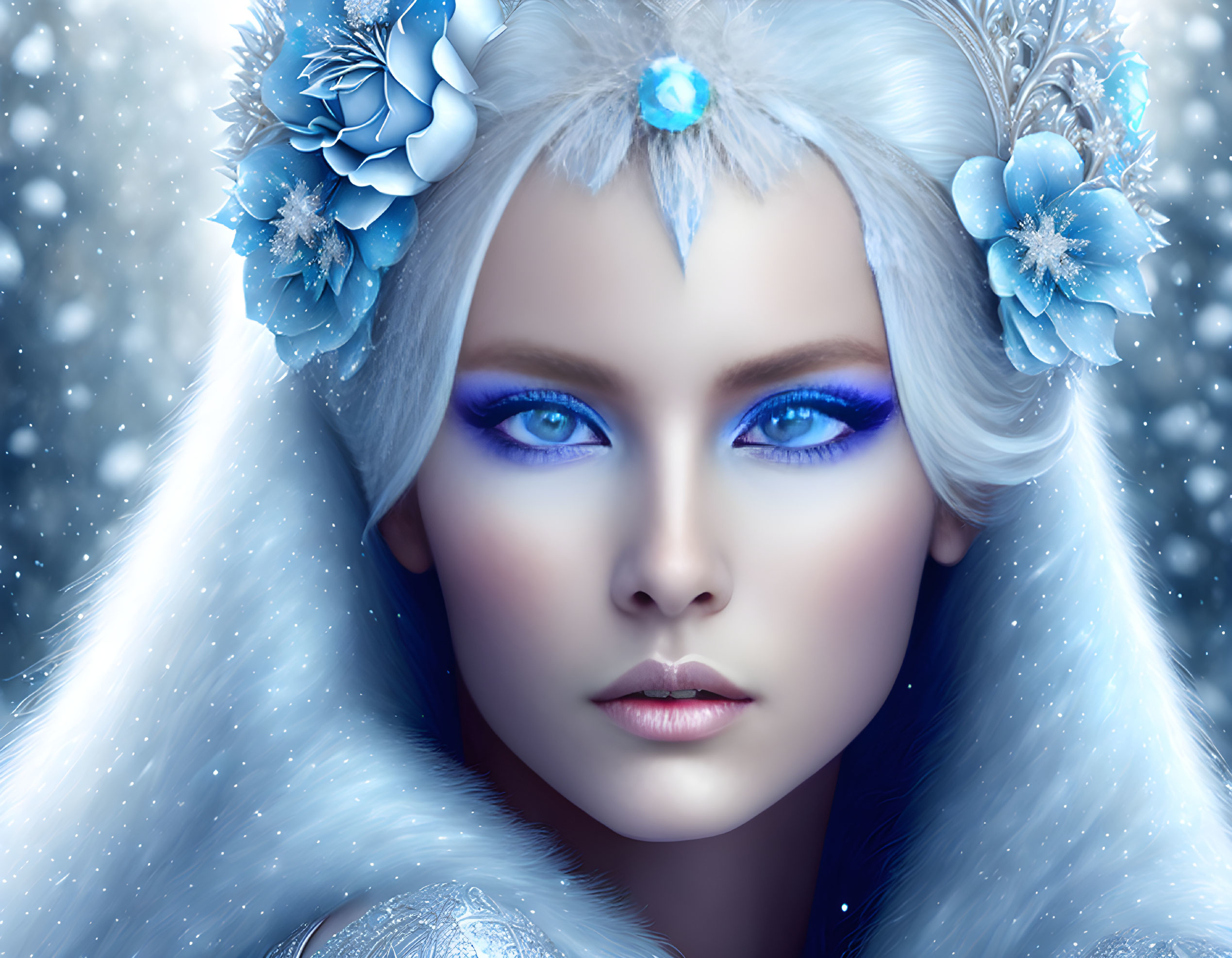 Fantasy illustration of woman with blue eyes, white hair, and wintry aura.