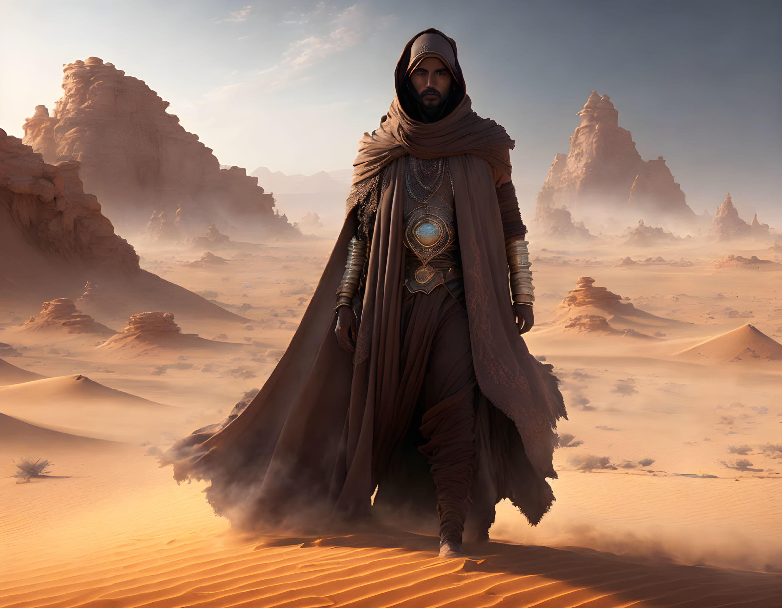 Robed Figure in Desert Landscape with Sand Dunes and Rock Formations