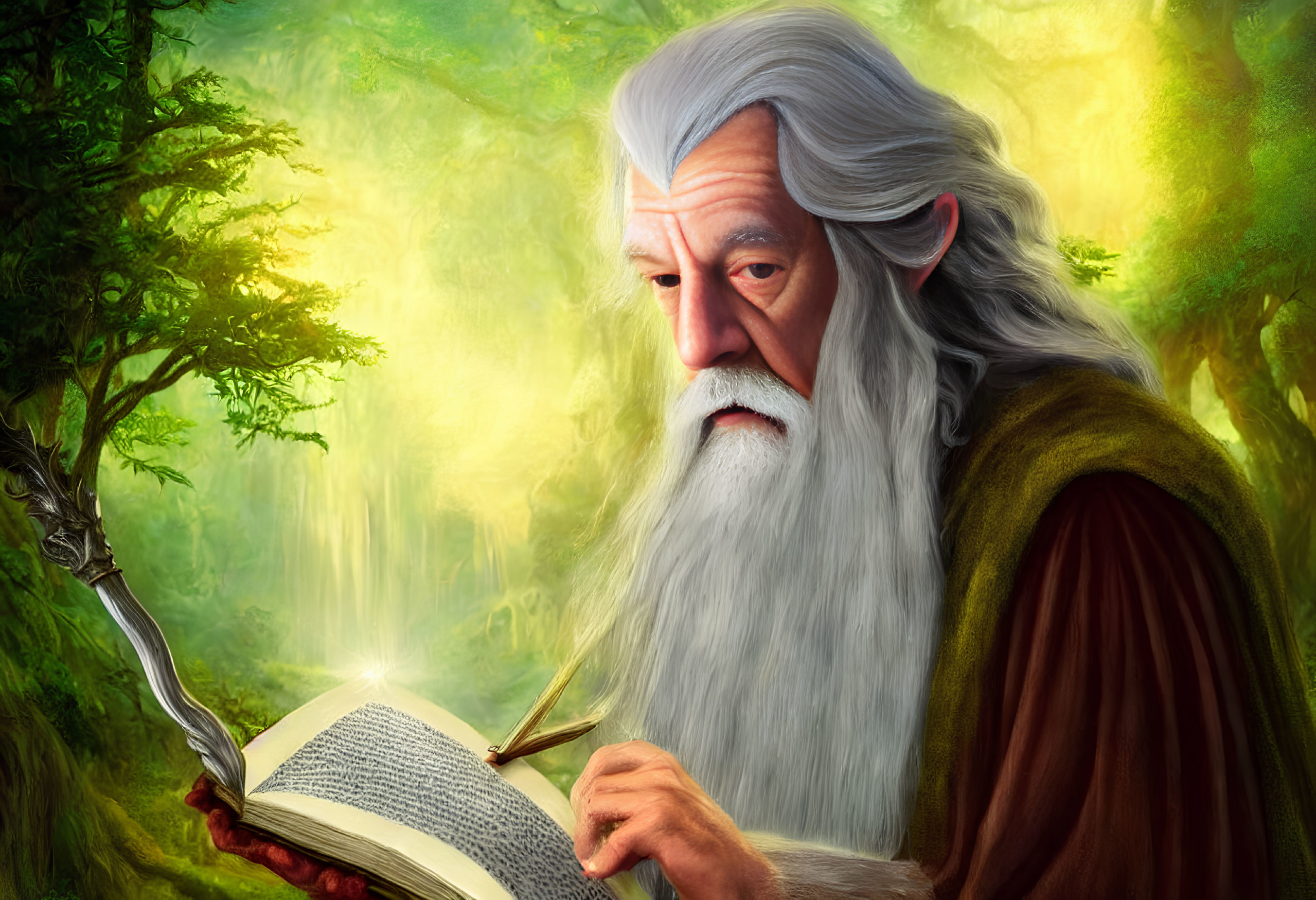 Illustration of wise old man reading book in magical forest