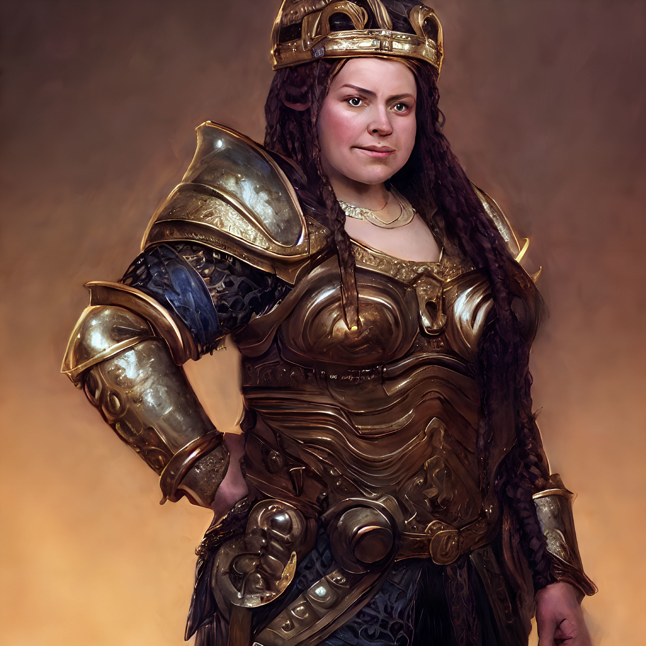 Regal woman in golden armor with crown and braided hair.