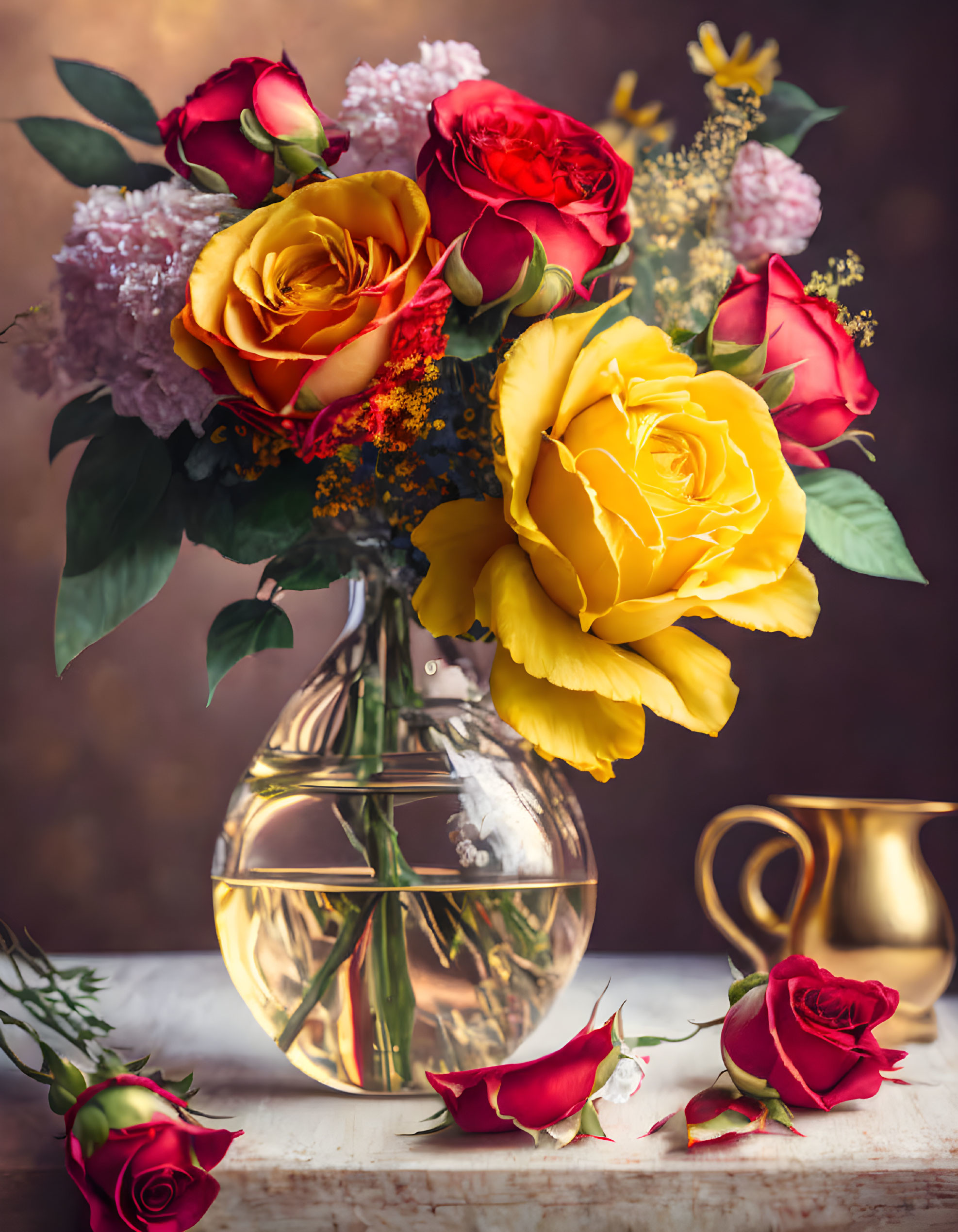 A vase with yellow and red roses