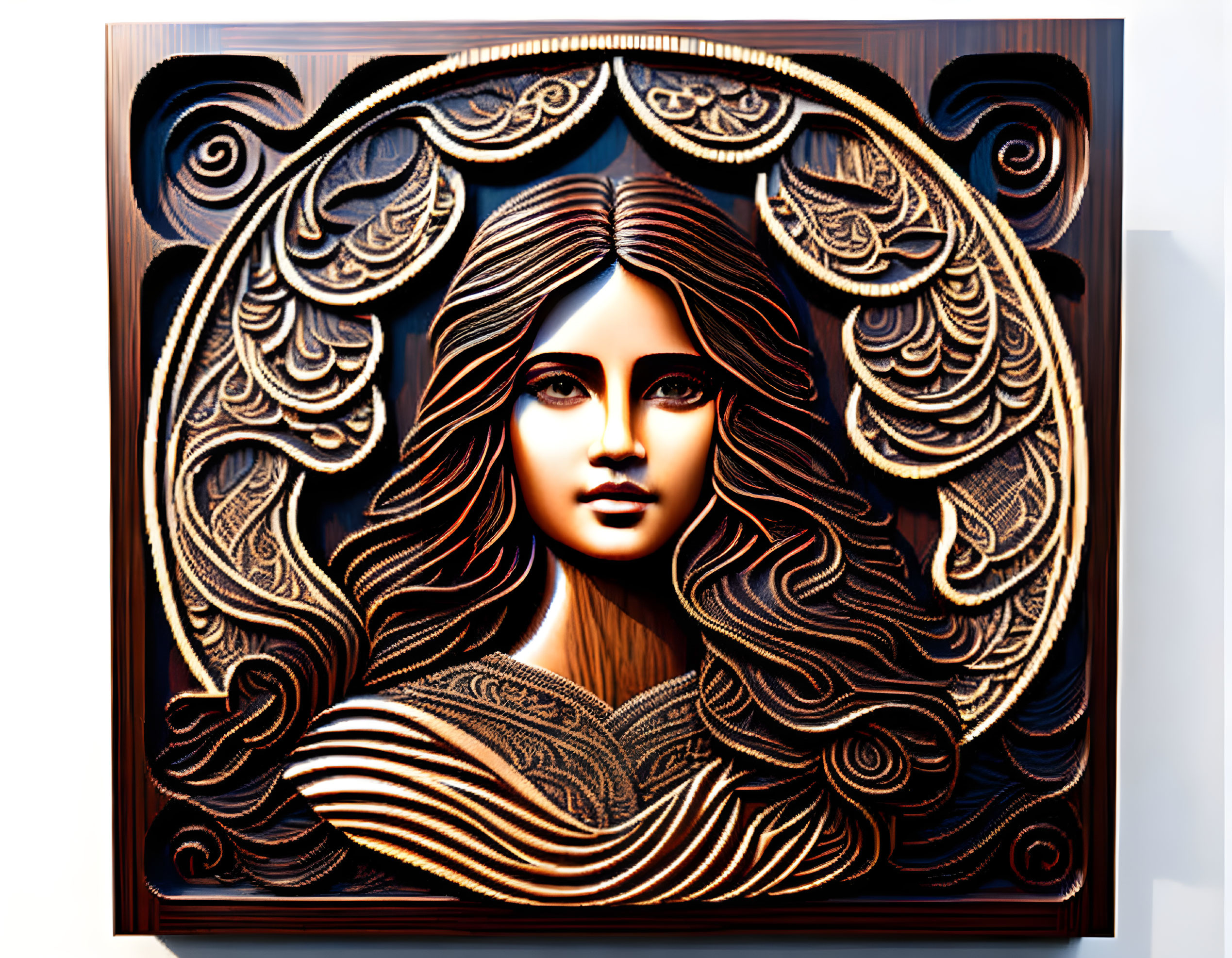 Stylized woman wooden artwork with ornate carvings