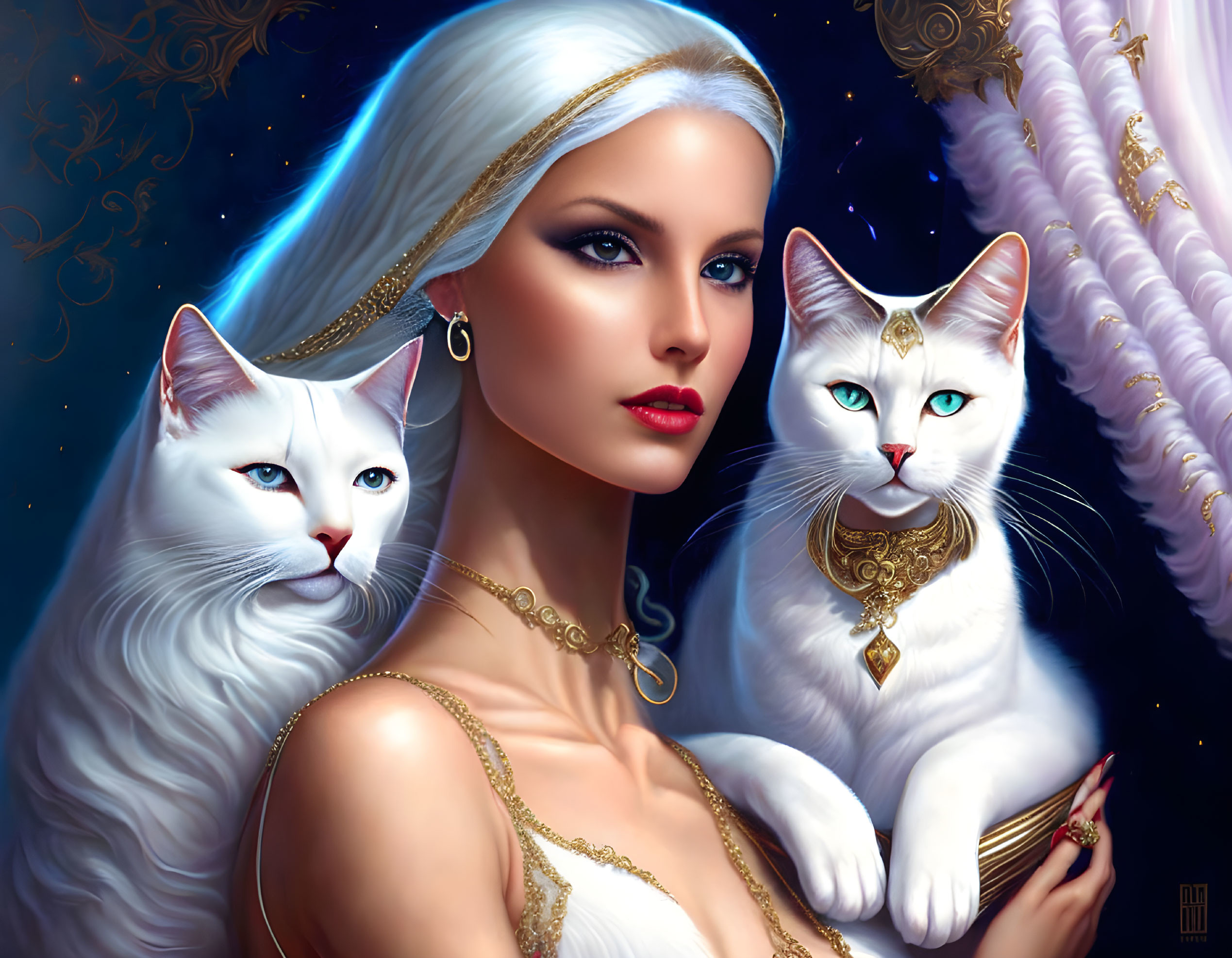 Beautiful woman and two white cats