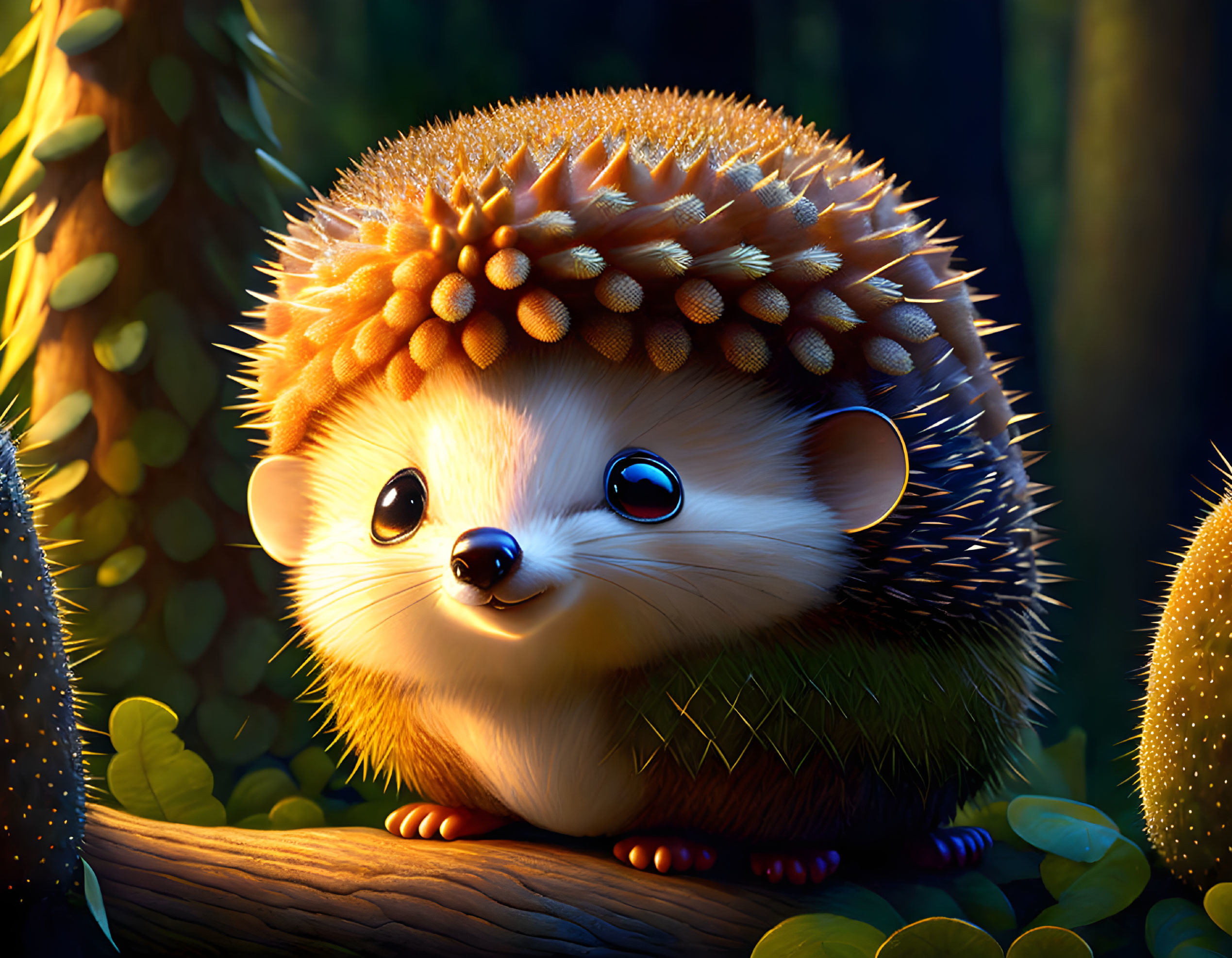 Animated hedgehog in nighttime forest with glossy eyes and warm glow