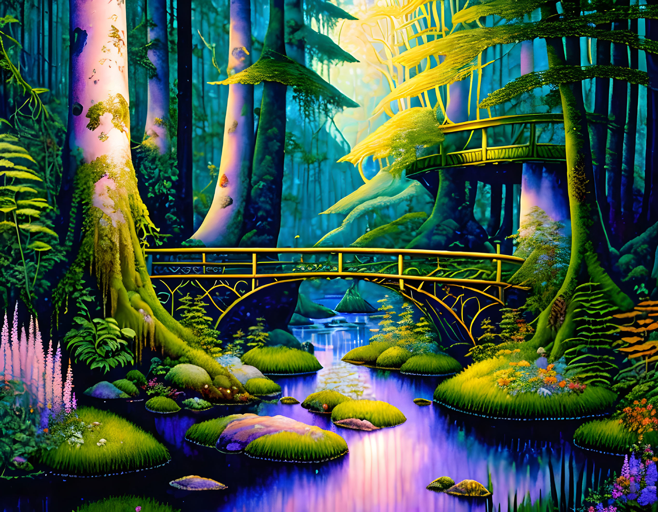 Golden Bridge Over Tranquil River in Enchanted Forest