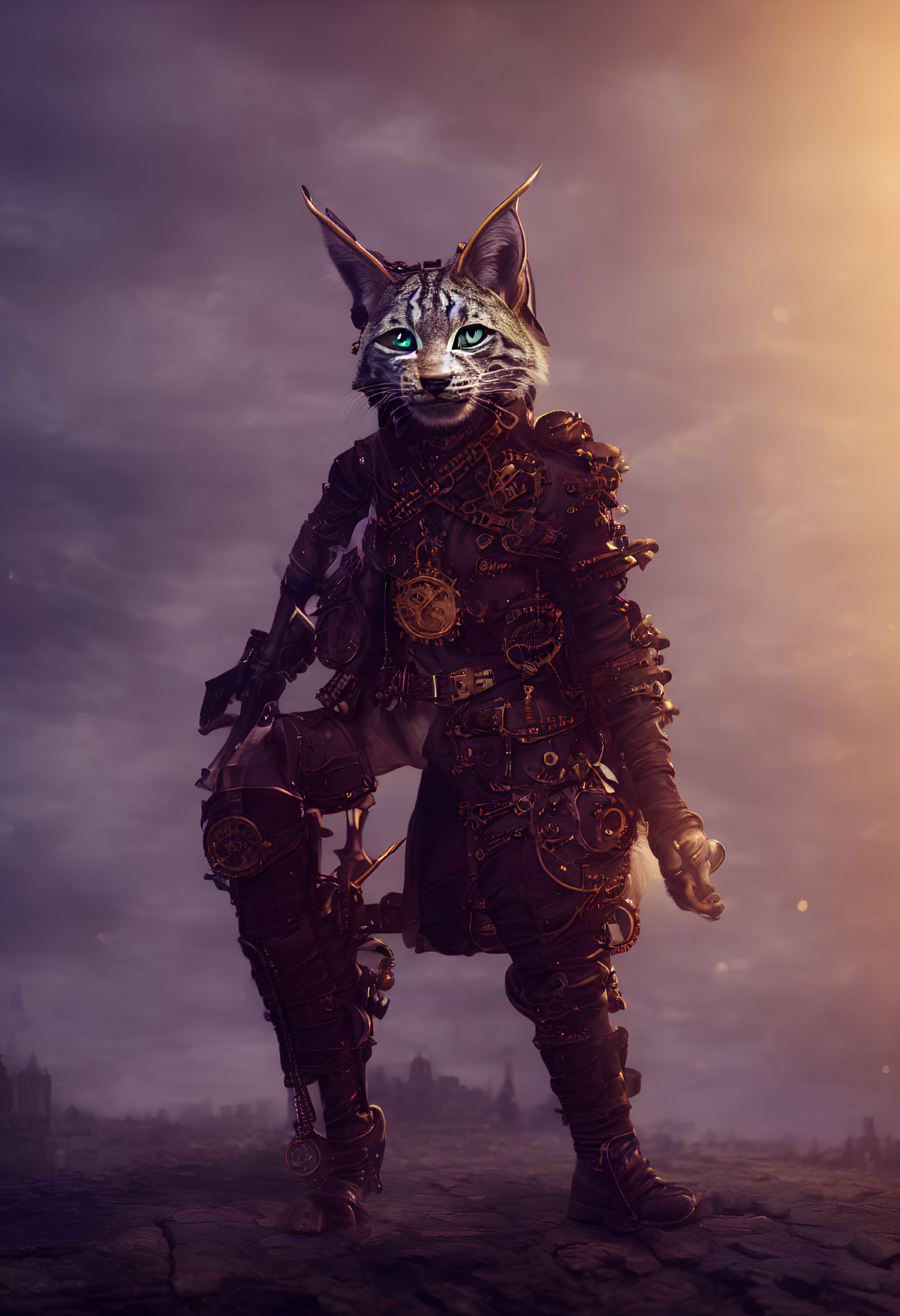 Steampunk-themed anthropomorphic cat with cogs and gears in dusky sky.