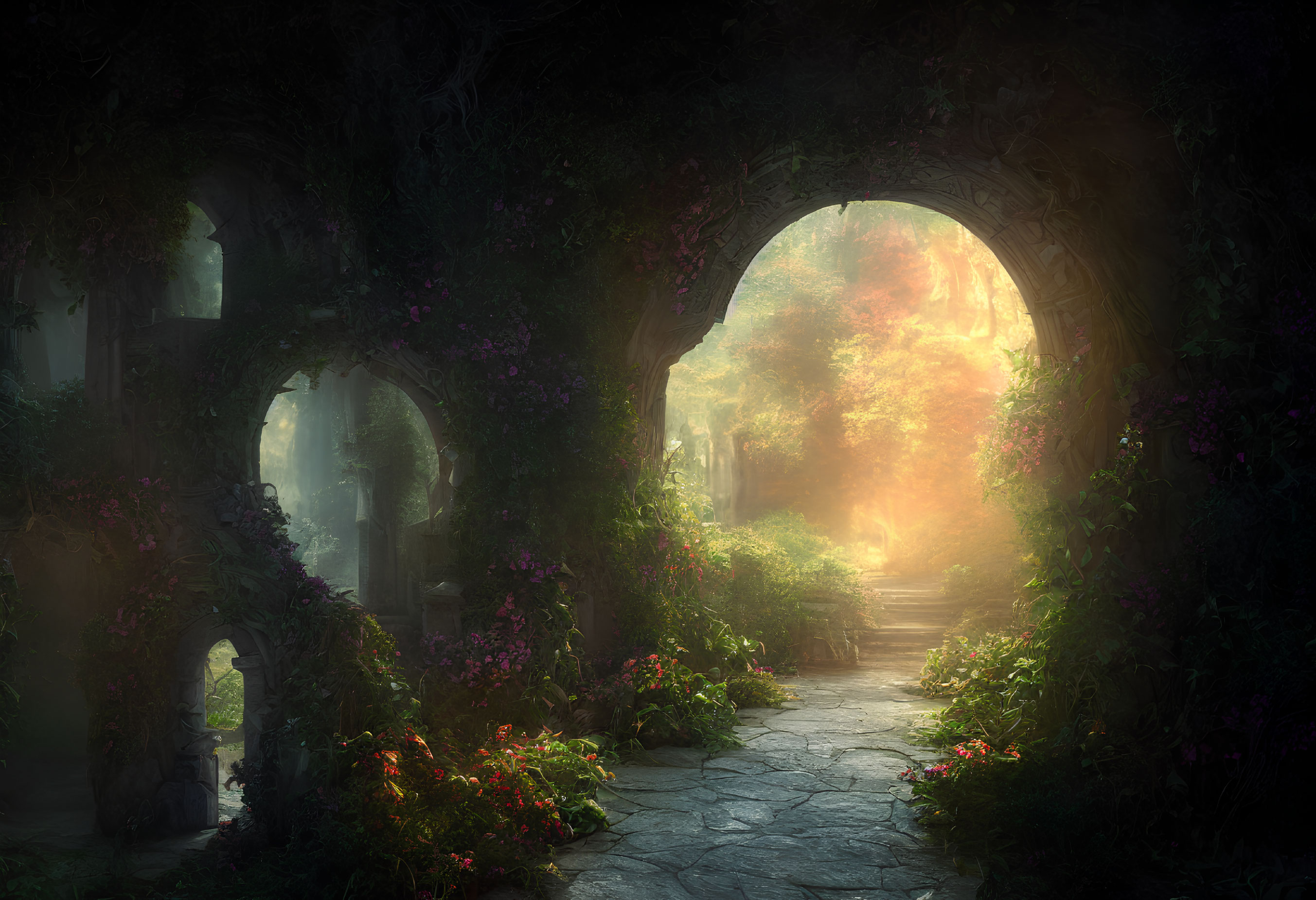 Enchanted forest clearing with stone pathway and arched ruins surrounded by greenery