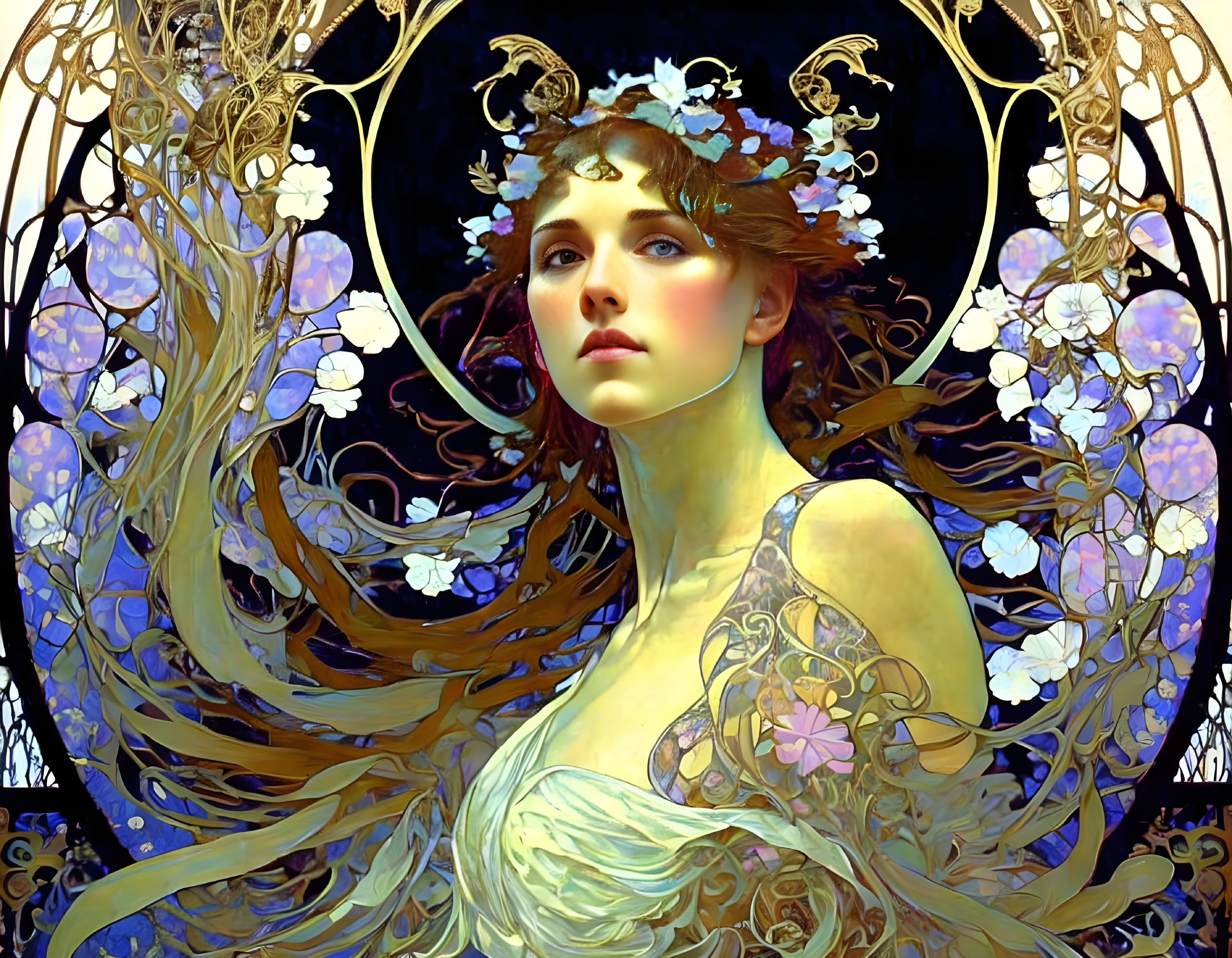 Art Nouveau Woman Illustration with Blue and Gold Floral Pattern