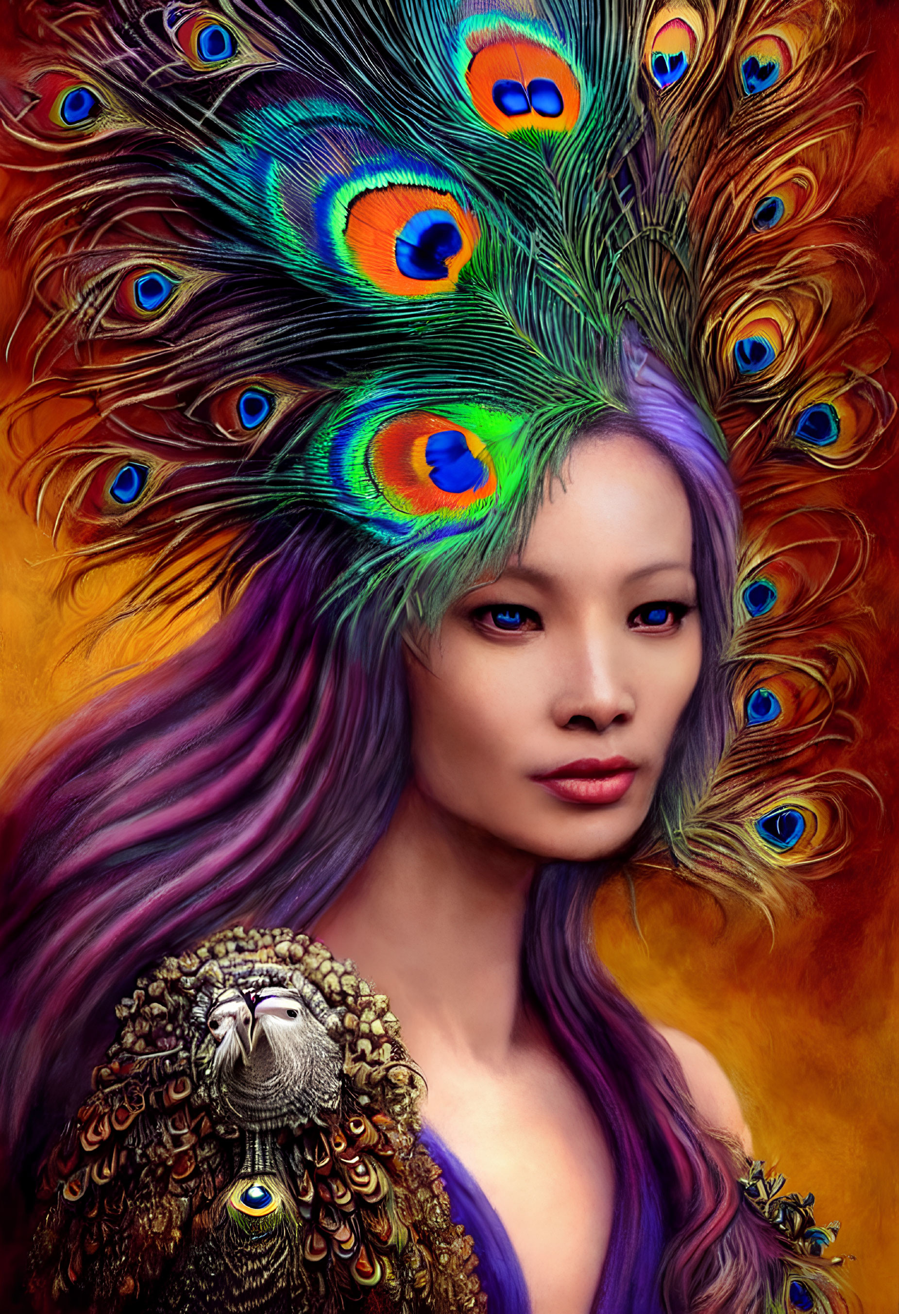 Digital Artwork: Woman with Purple Hair in Peacock Feather Headdress