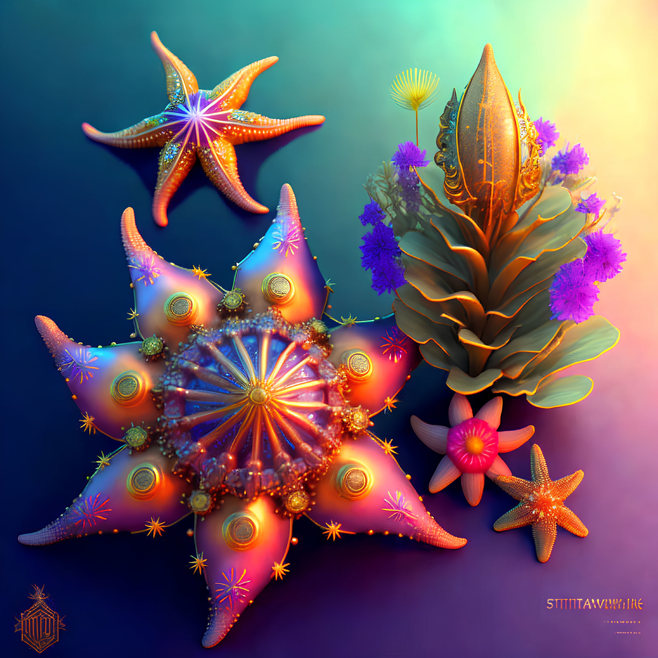 Vibrant digital artwork of starfish and sea plants on blue-orange gradient.