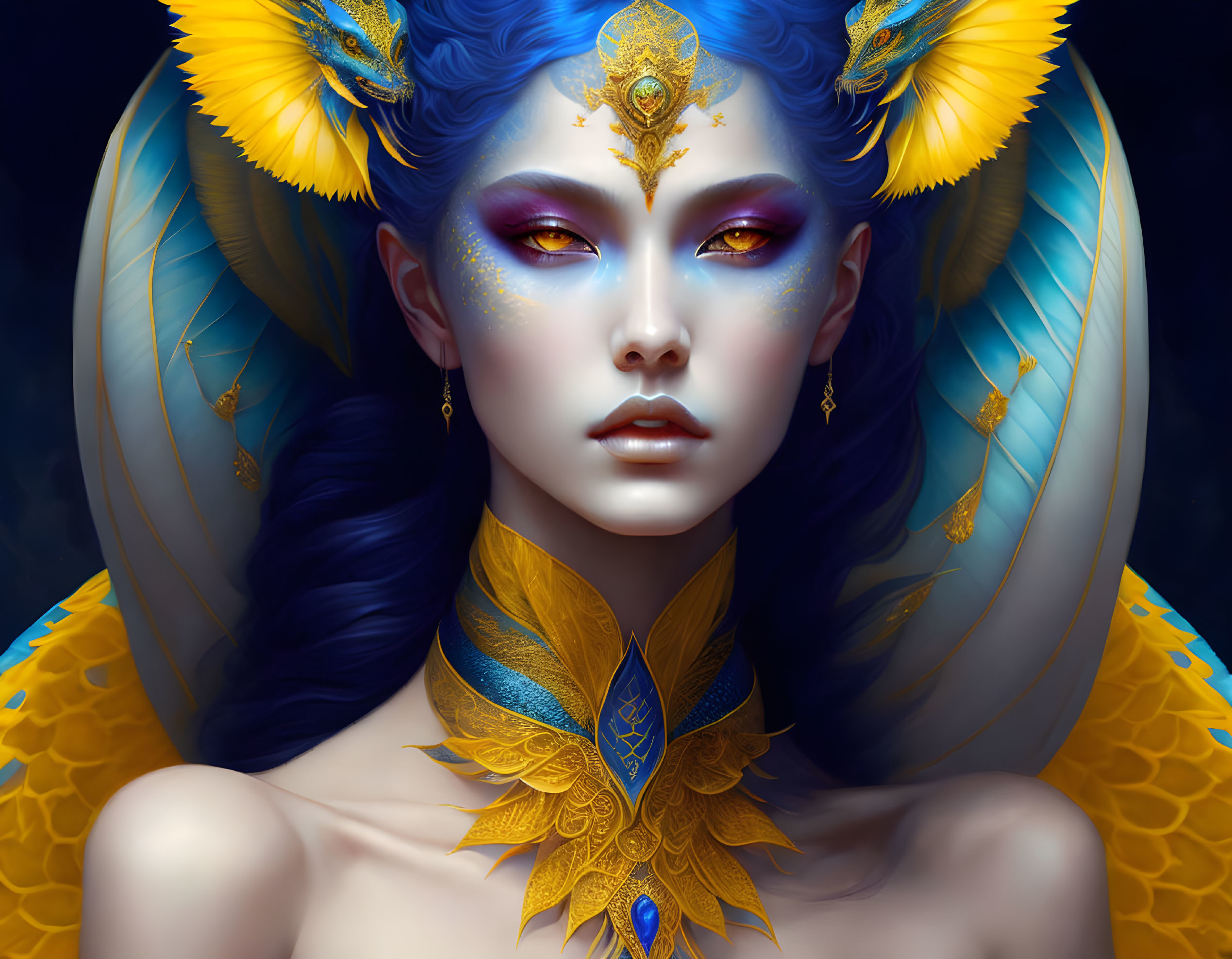 Blue-skinned female figure with yellow eyes and ornate golden jewelry resembling a mythical bird.