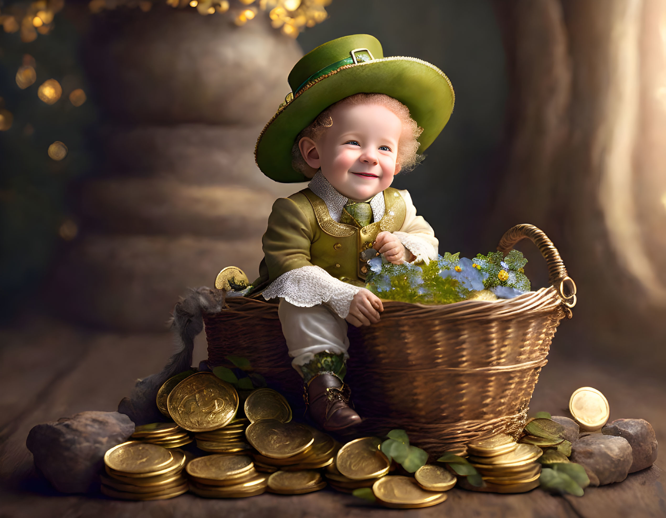 Adorable Baby in Leprechaun Outfit Surrounded by Gold Coins, Flowers