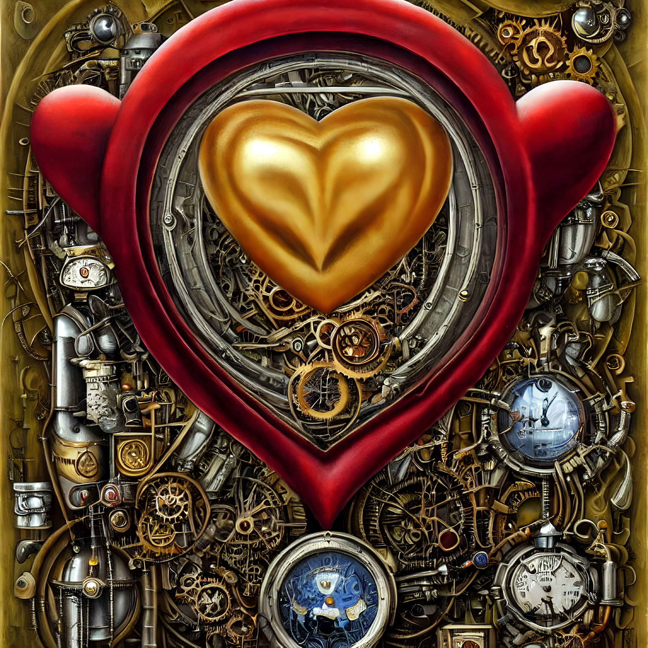 Surreal golden heart surrounded by gears and clocks on yellow background
