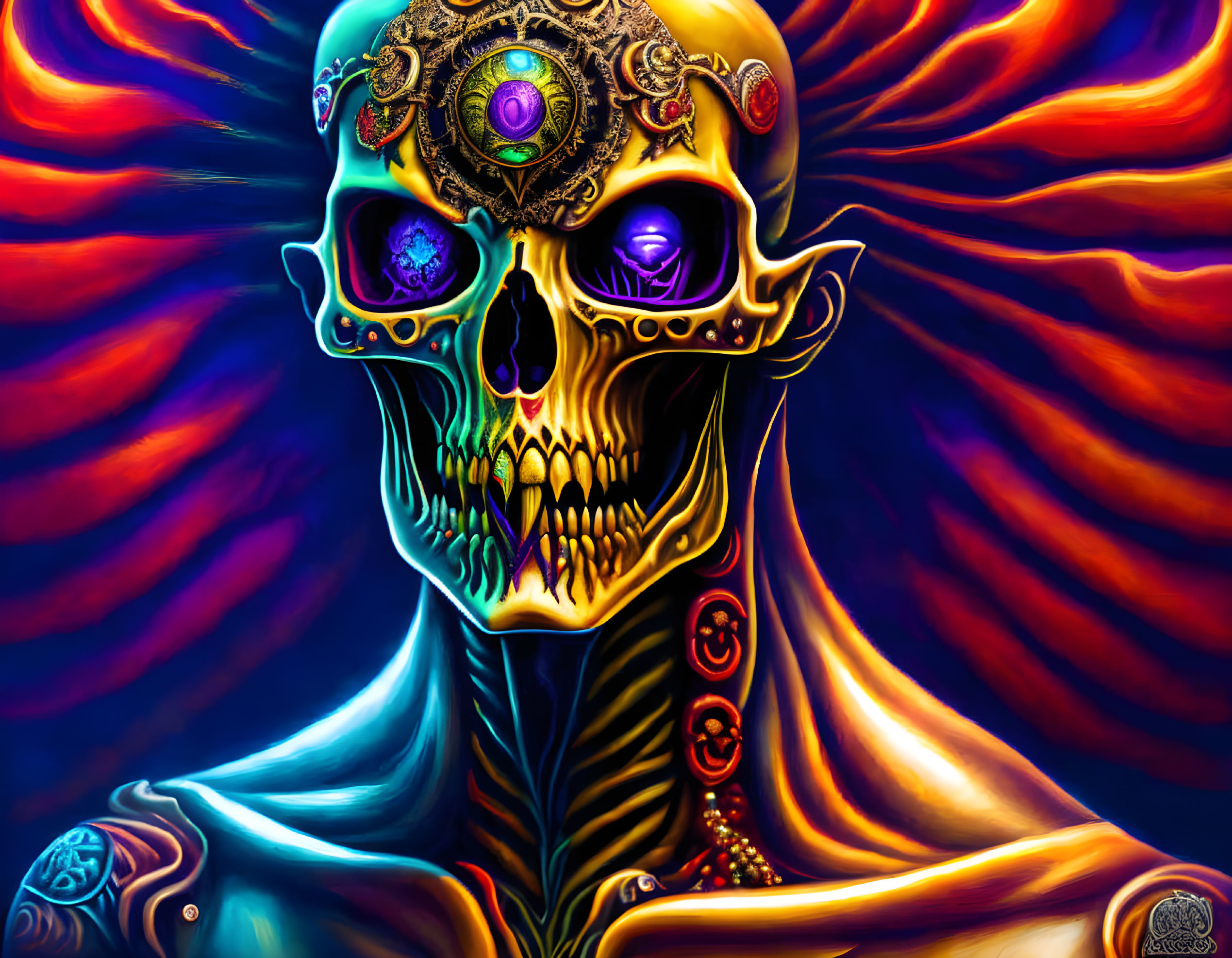 Vibrant digital art: Skull with gemstone eyes & ornate designs