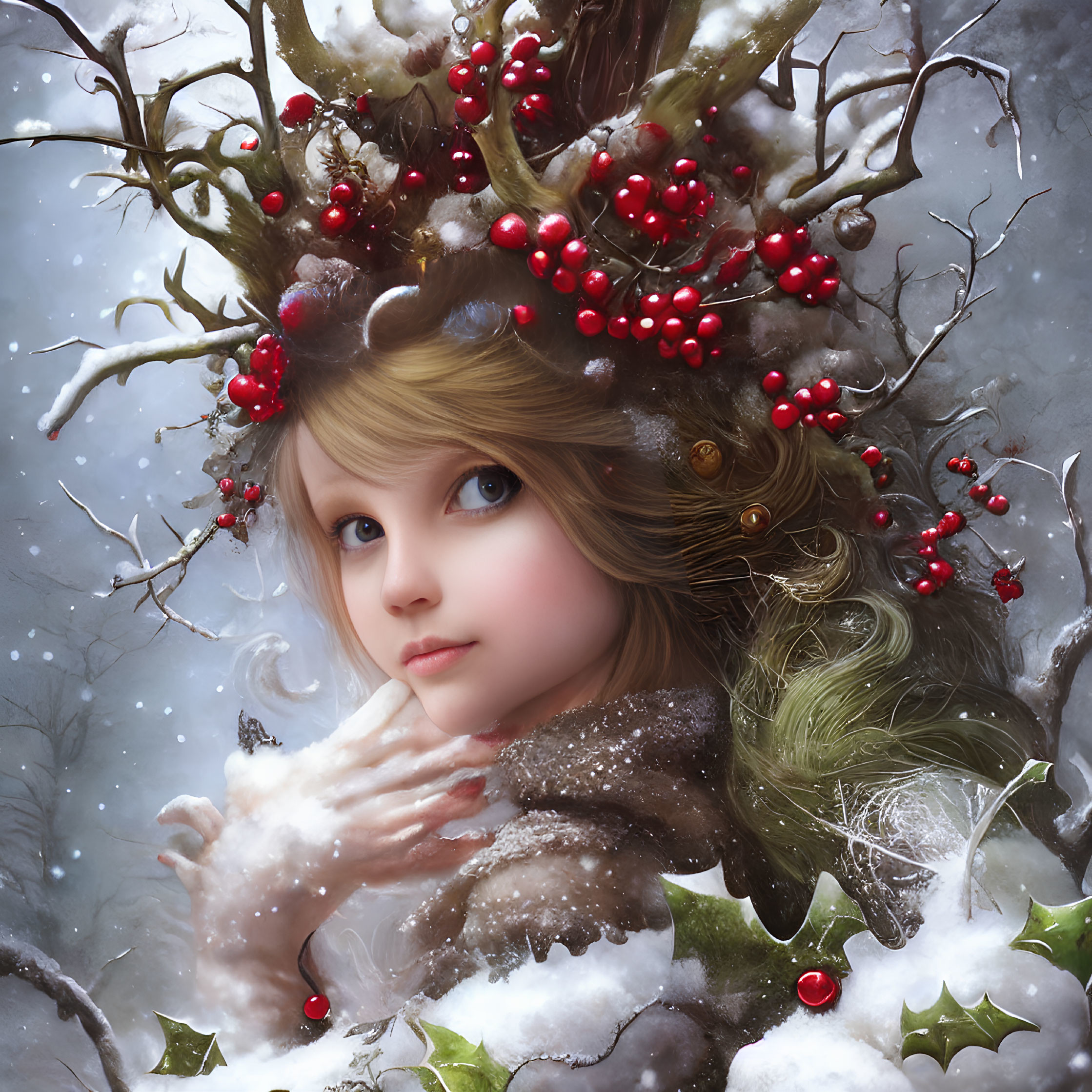Young woman with wintery crown and snow in hands amid soft snowfall