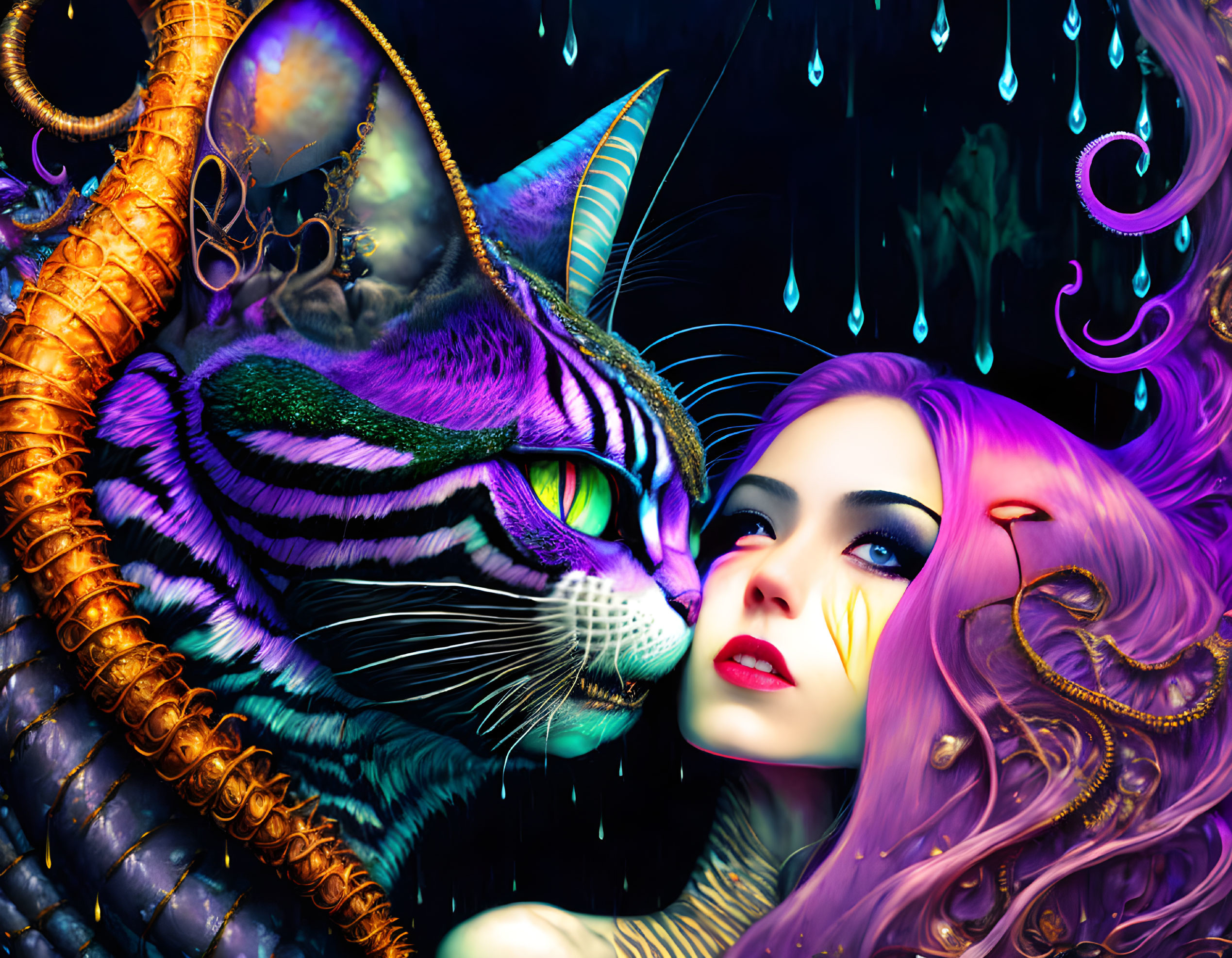 Portrait of mad evil Cheshire cat kissing Alice