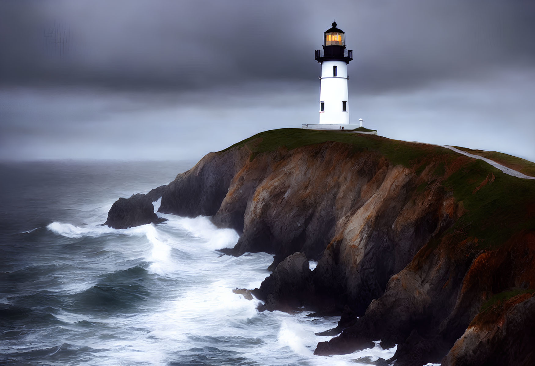 Rugged cliffs with a lighthouse and crashing waves under overcast sky