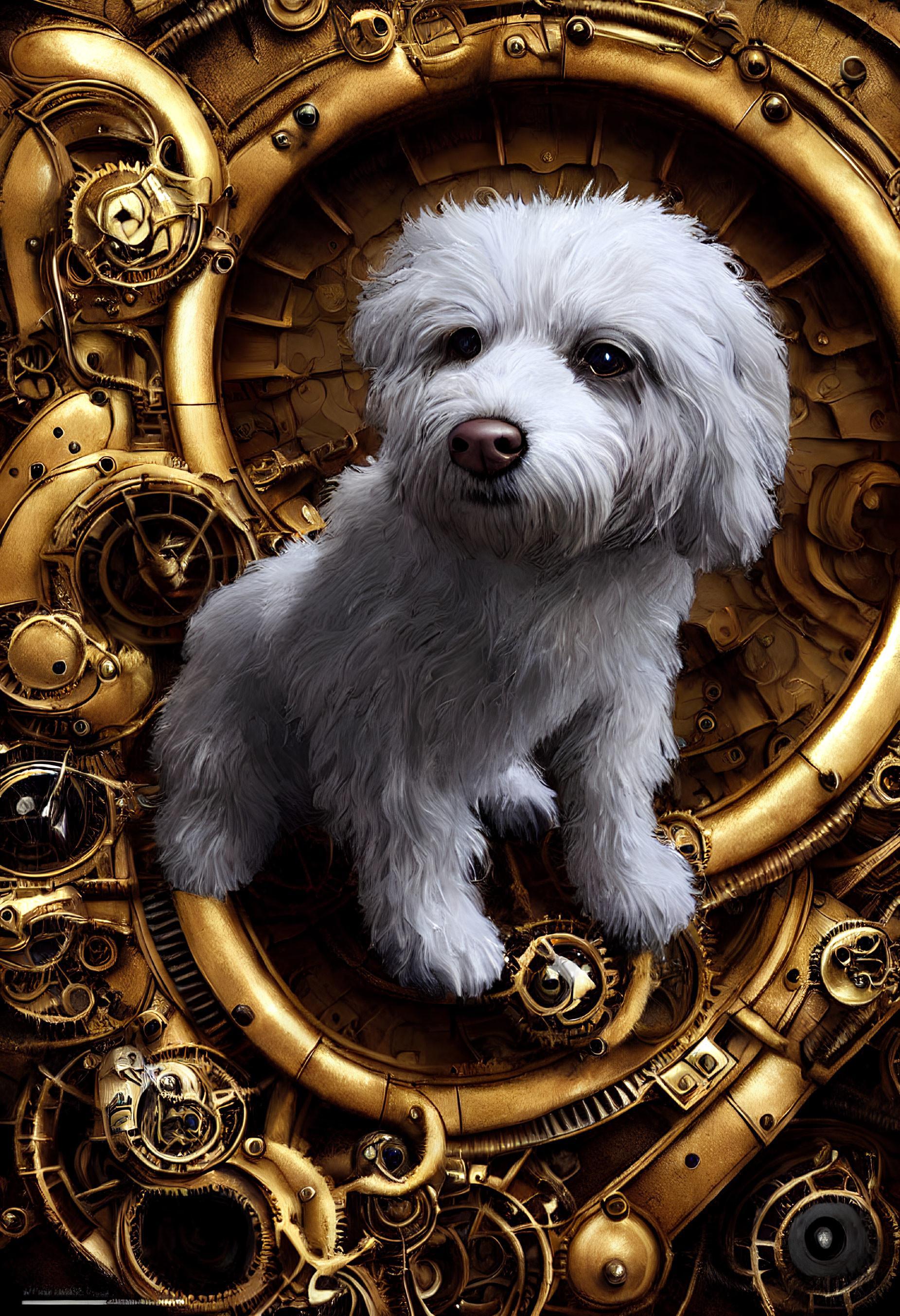 Fluffy White Dog in Front of Golden Steampunk Background