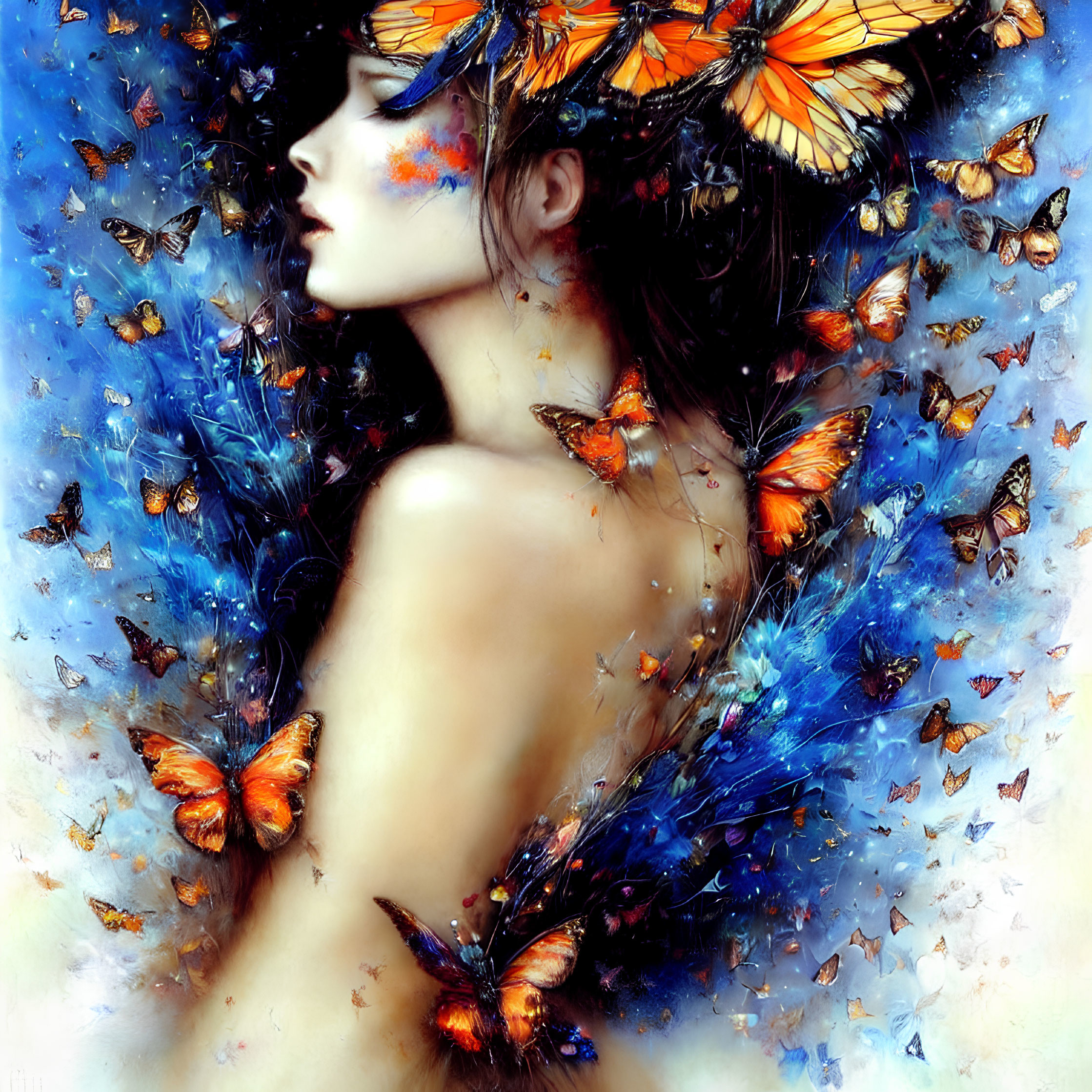 Profile of woman with butterflies, dreamy aesthetic