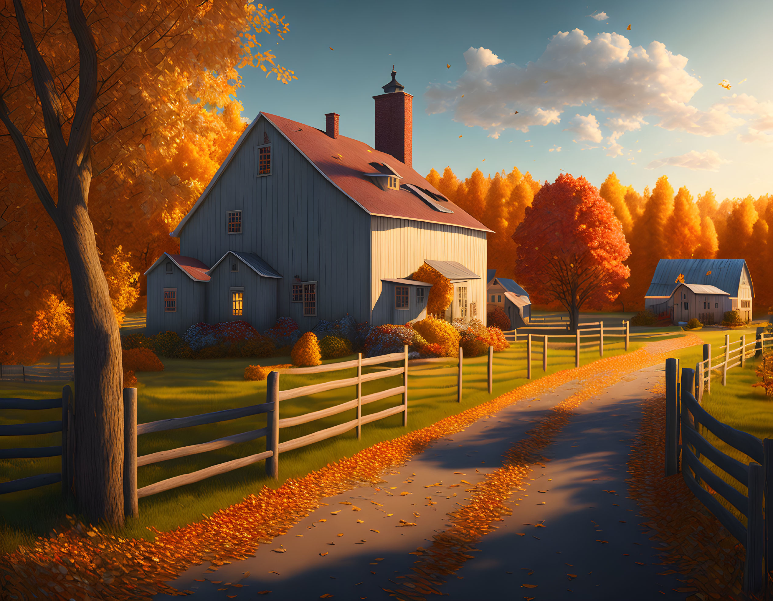 Blue barn in rustic farm with autumn trees under golden sunset.