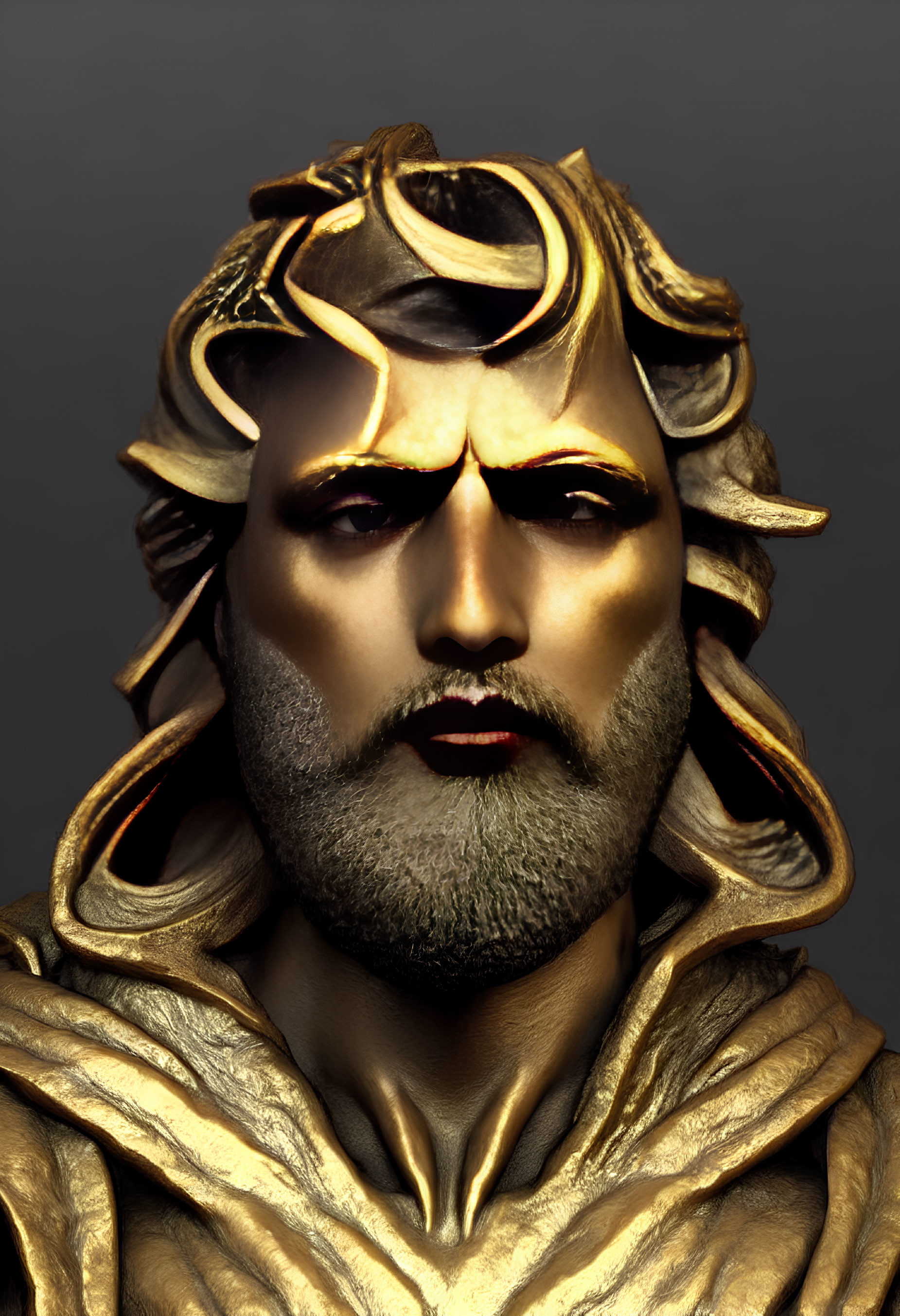 Golden makeup and serpentine accents on figure against grey background