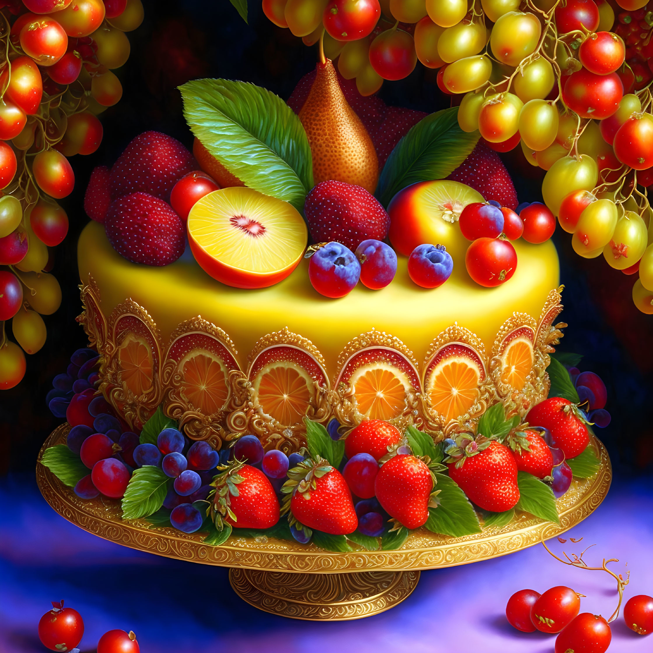 Colorful Fruit-Topped Cake with Ornate Decorations on Gold Stand