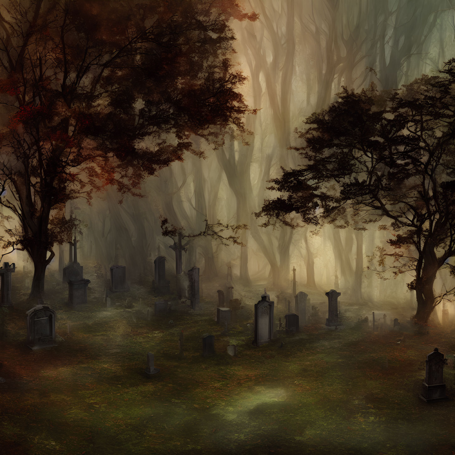 Foggy graveyard in autumn forest with tall ghostly trees
