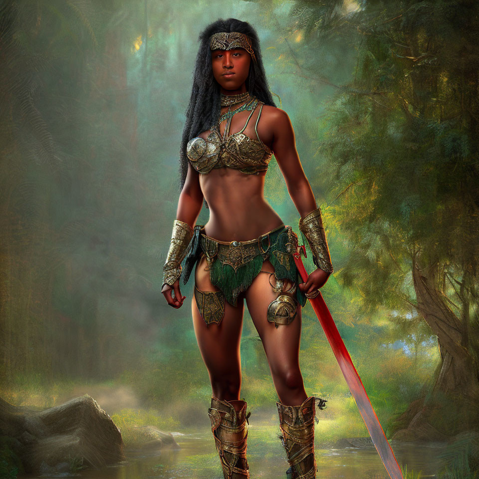 Warrior woman in ornate armor wields red sword in misty forest