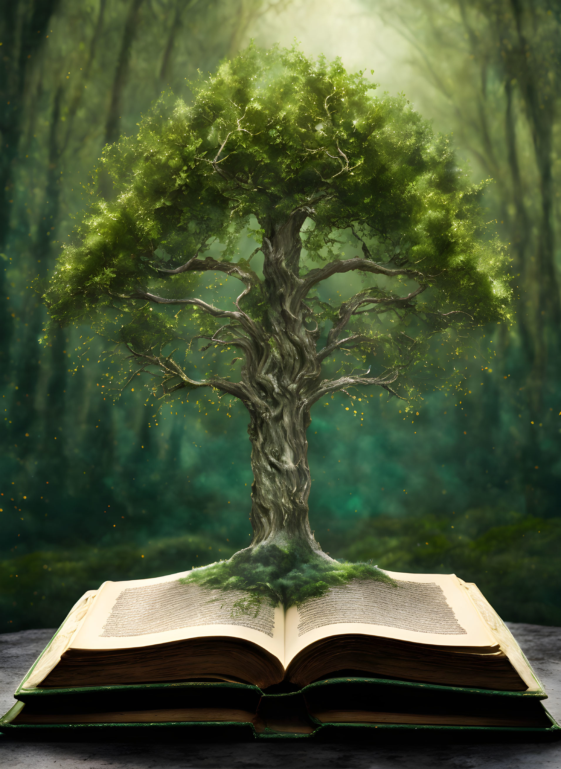 A green tree growing out of an medieval Book