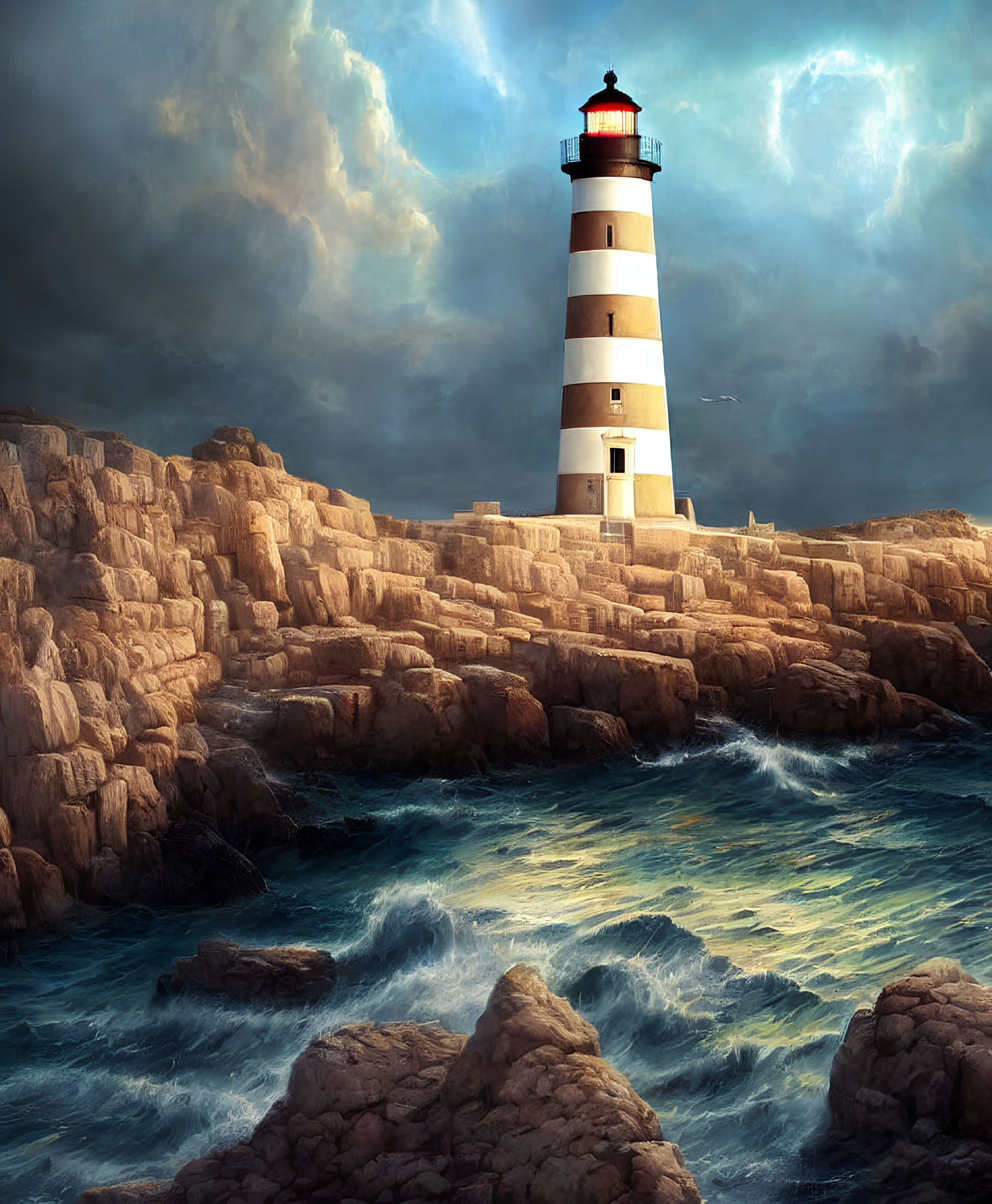 Majestic lighthouse on rugged cliffs under dramatic sky
