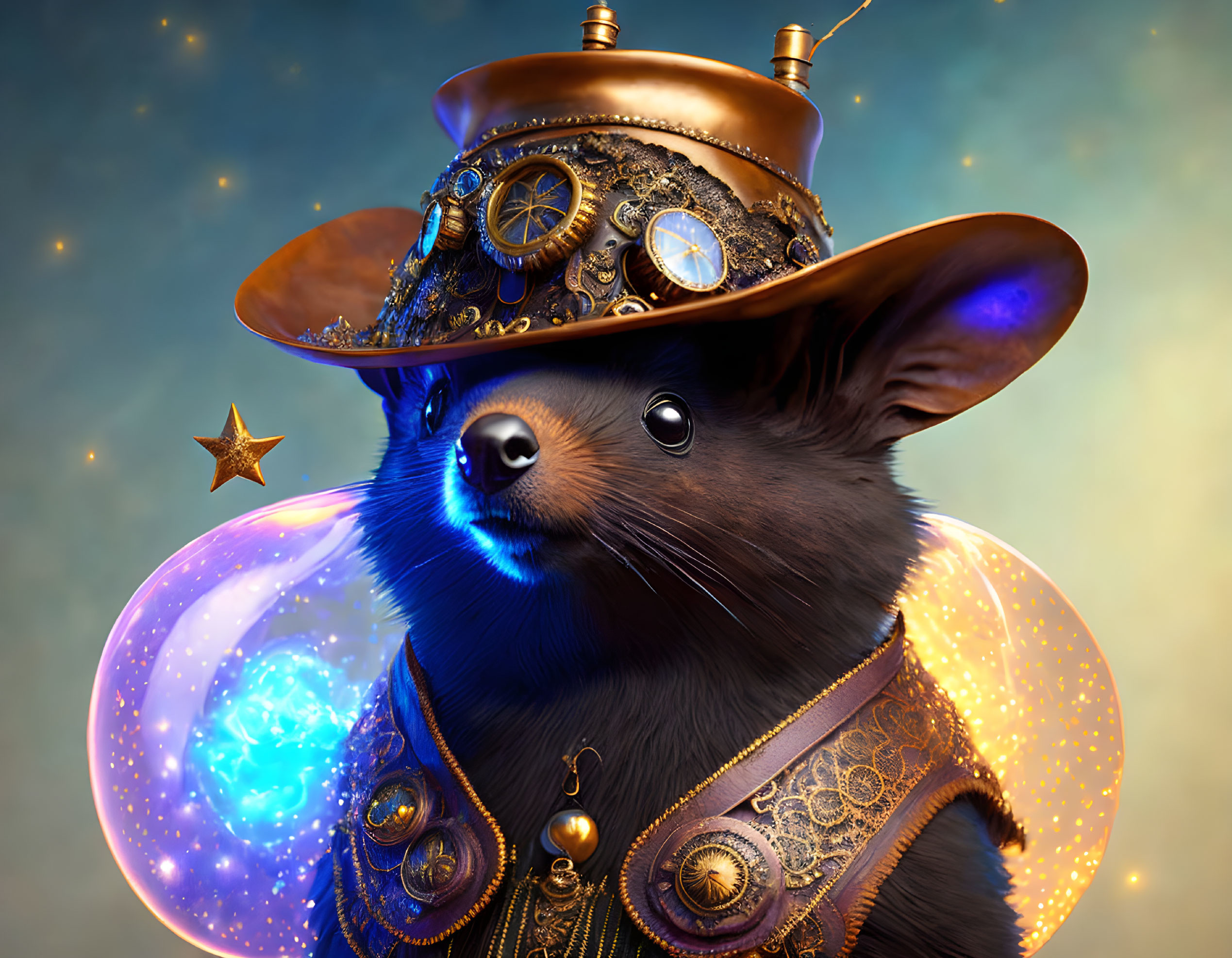 Steampunk-themed mouse illustration with magical orb and star.
