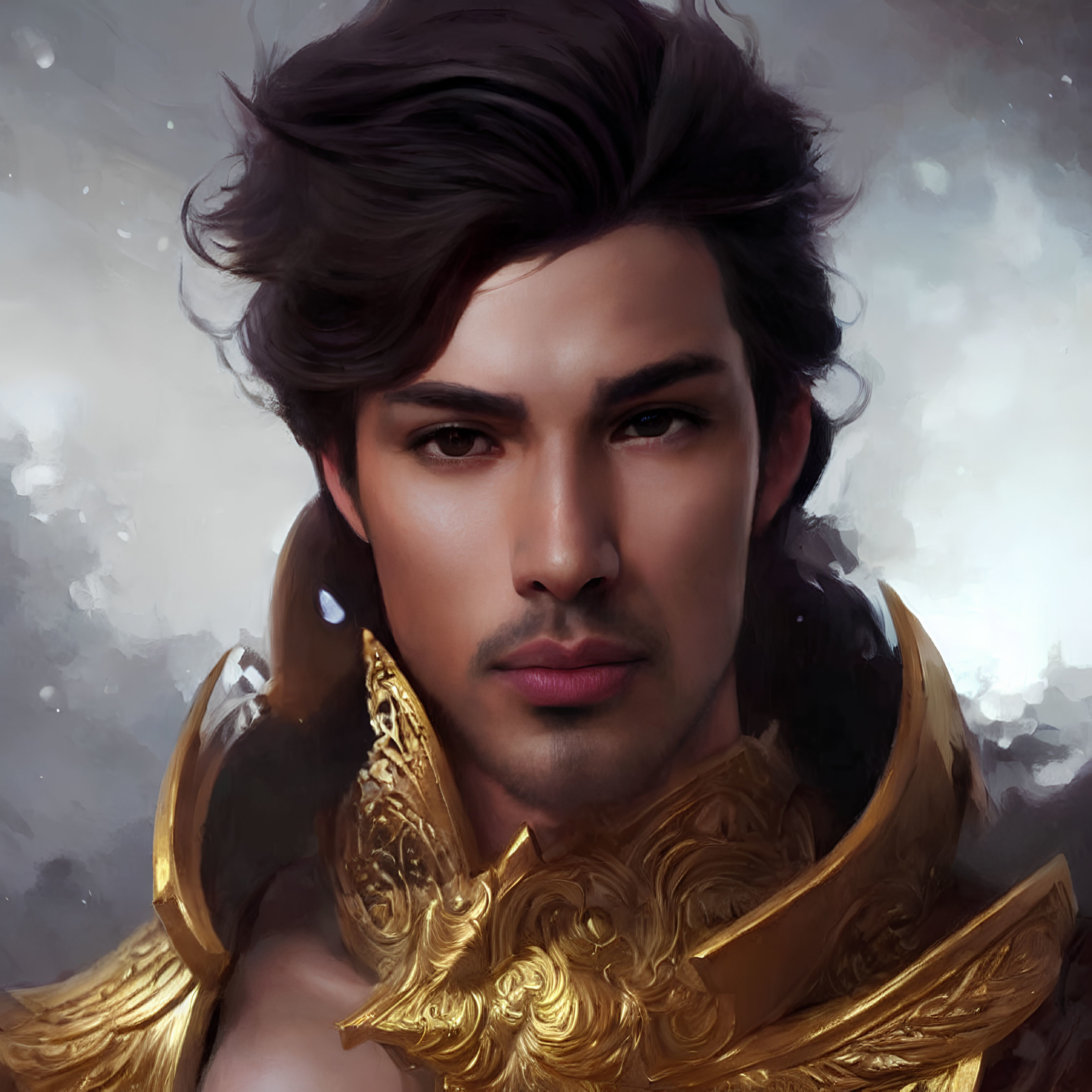 Detailed illustration of man in golden armor with sharp features against misty backdrop