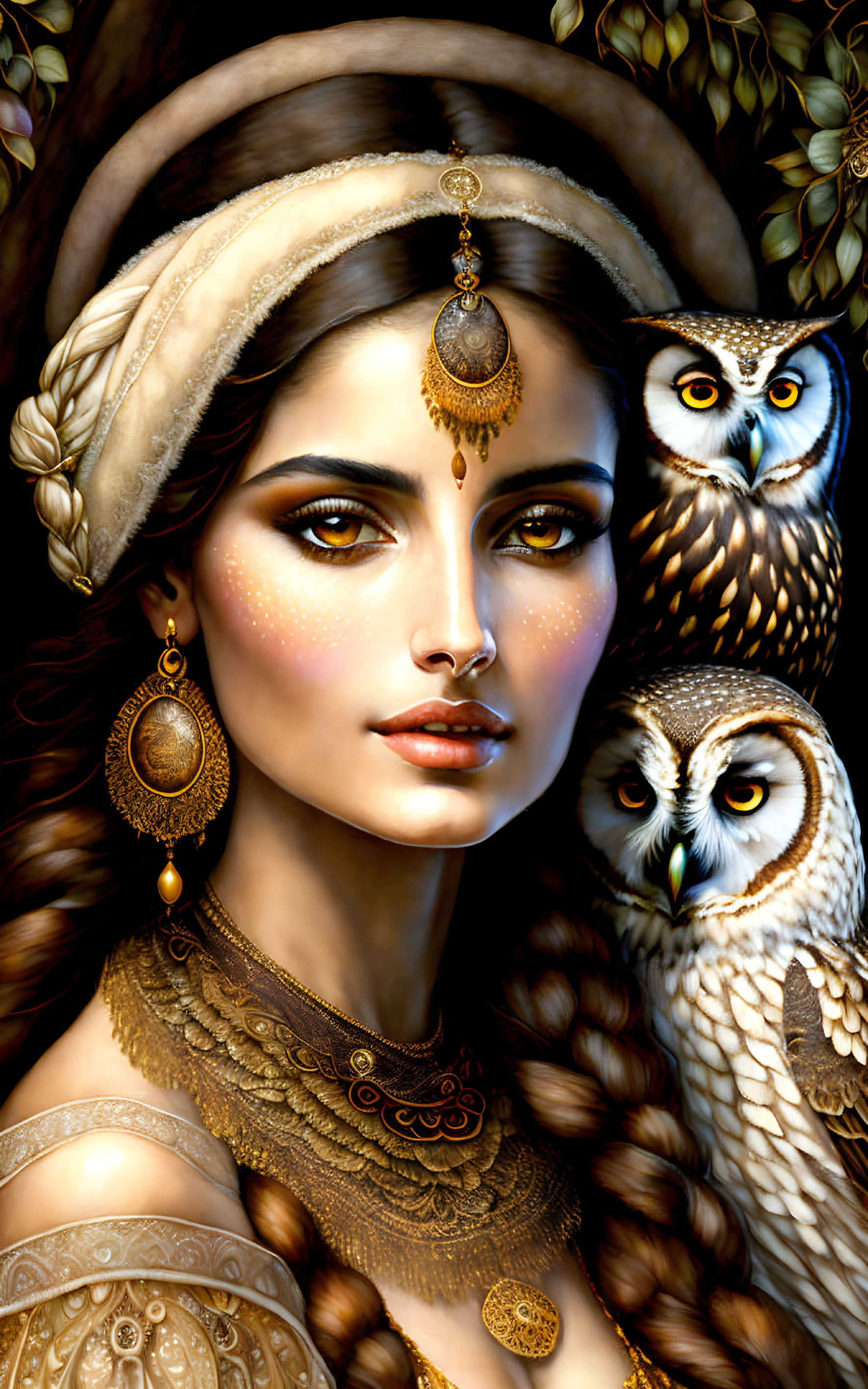  Beautiful woman gypsy with owls 