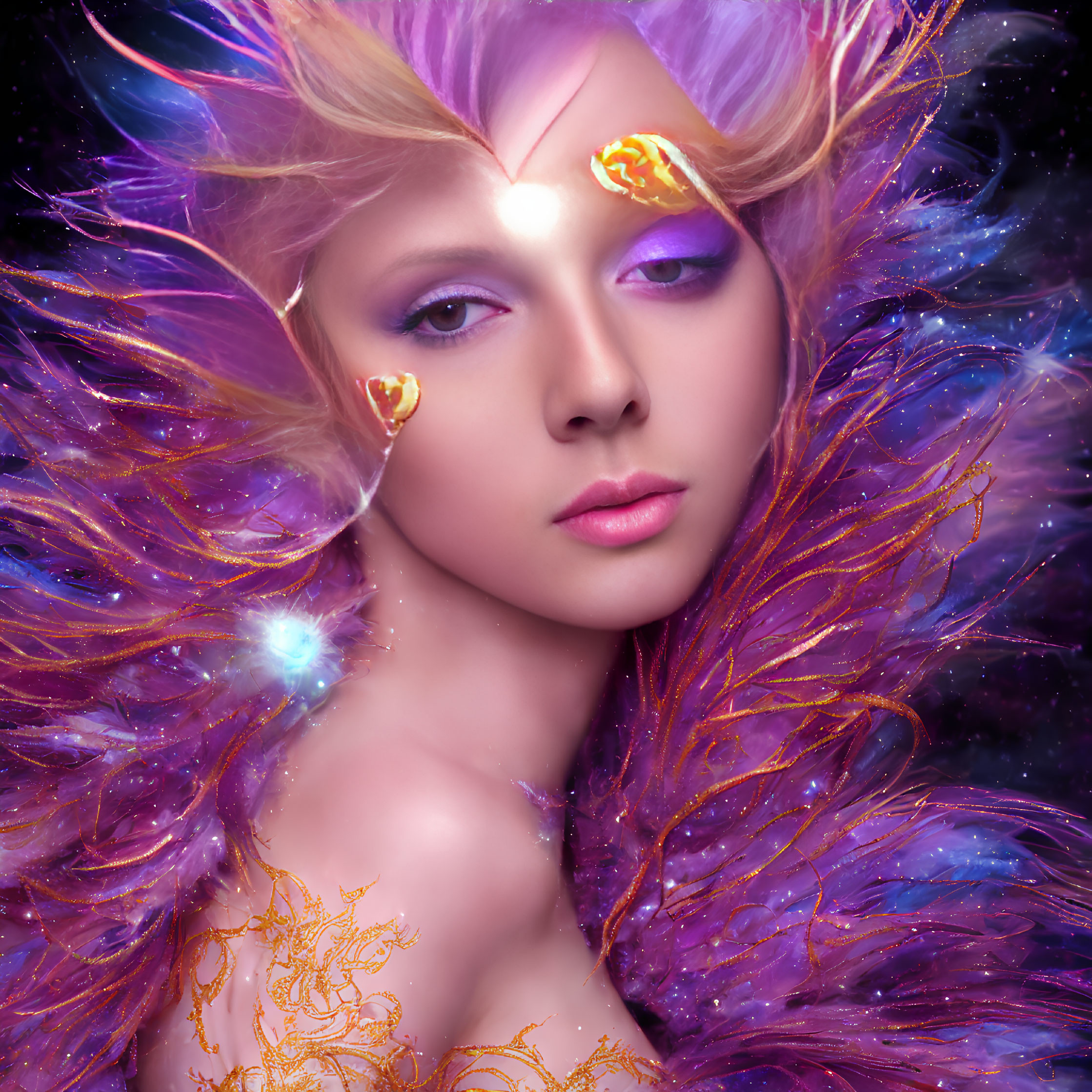 Mystical woman in purple and gold feathered attire with gem on forehead in starry scene