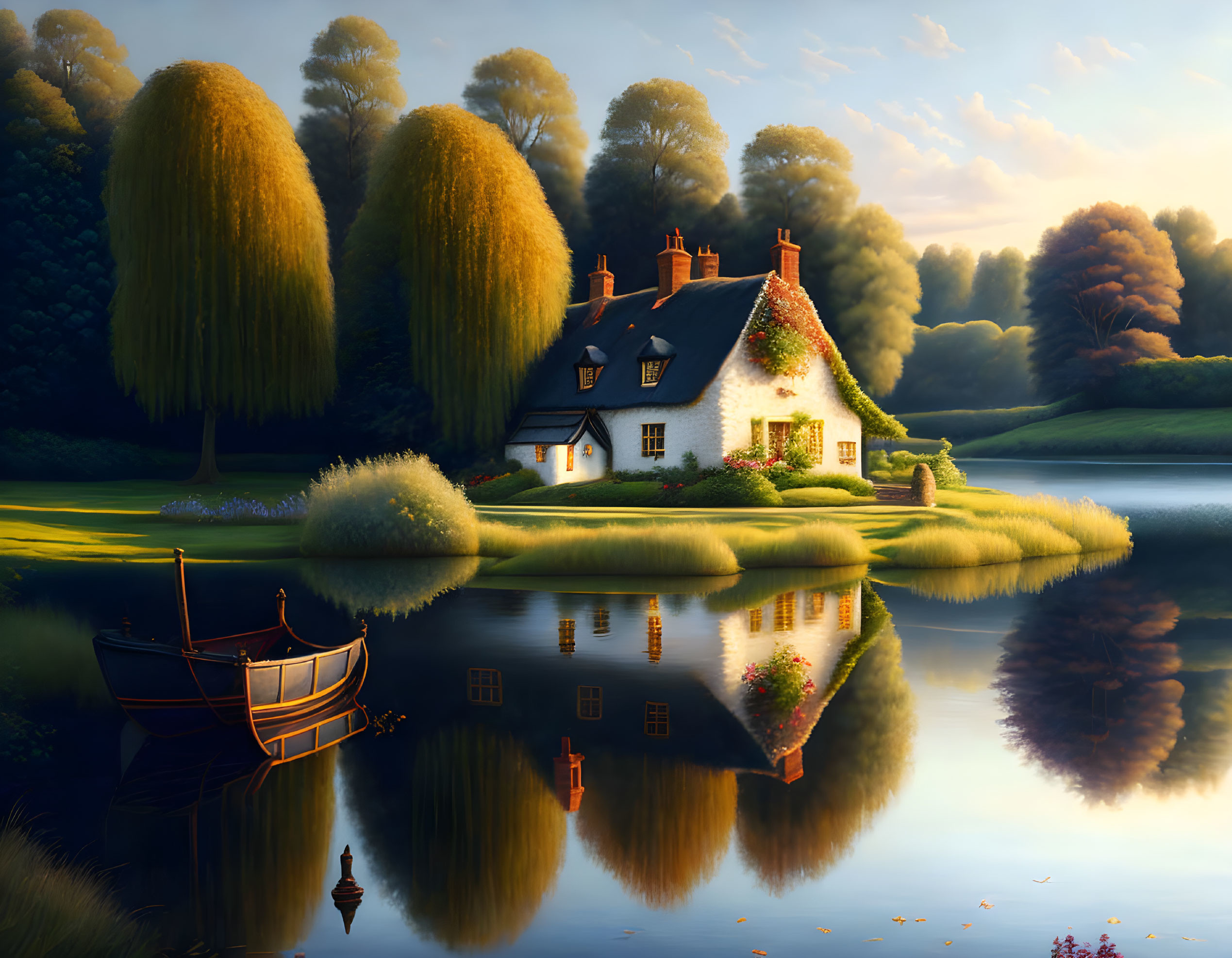Tranquil Thatched Cottage by Calm Lake and Trees